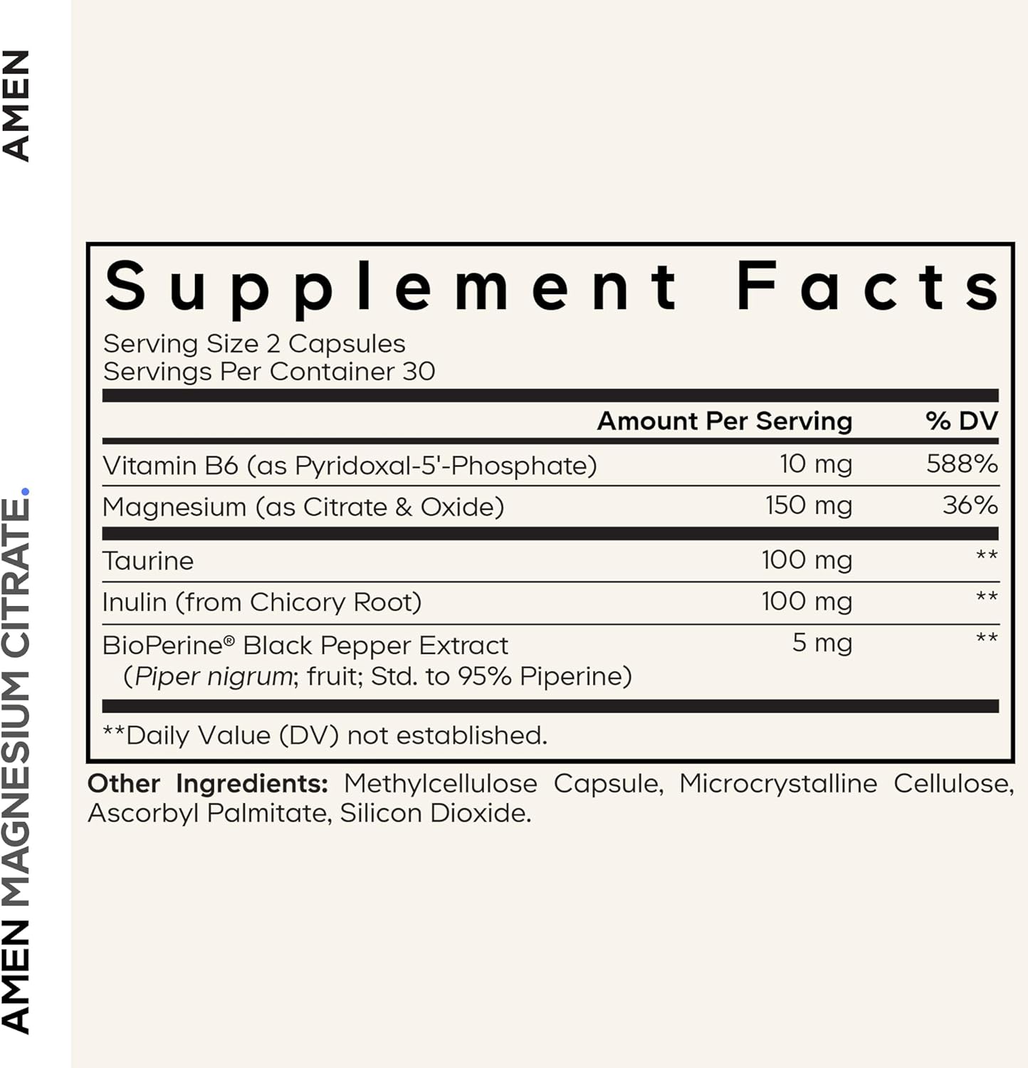 Amen Magnesium Citrate Supplement - Magnesium Pills with Vitamin B6 P5P, Taurine, Inulin, Bioperine Black Pepper - Gluten-Free, Non-GMO- 60 Capsules