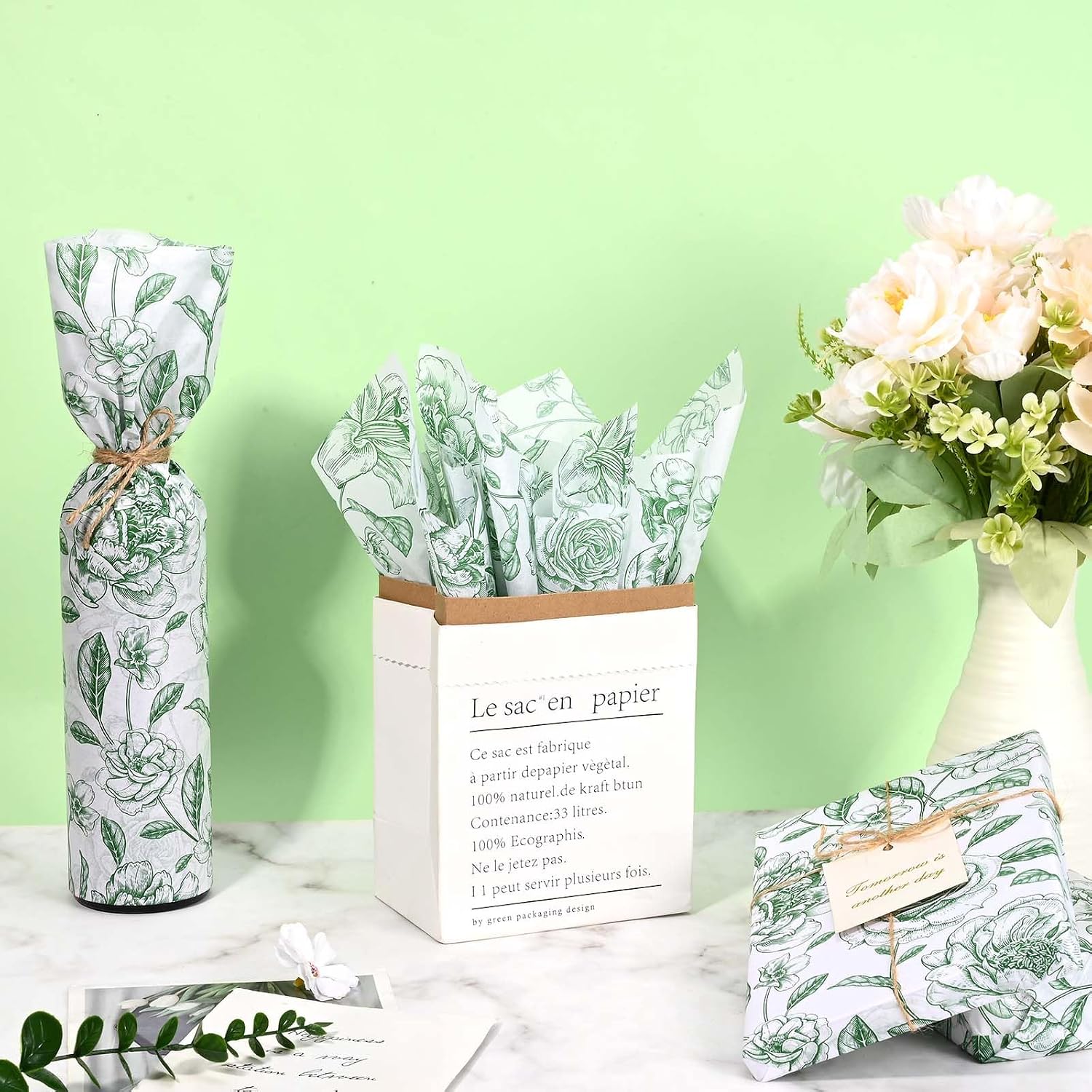 Sanixin 100Sheets Green Floral Tissue Paper for Gift Wrapping Vintage Flowers Printed Tissue Paper for Gift Bags for Bridal Shower Birthday Party Wedding DIY Craft Supplies, 20 × 14 Inches image 4