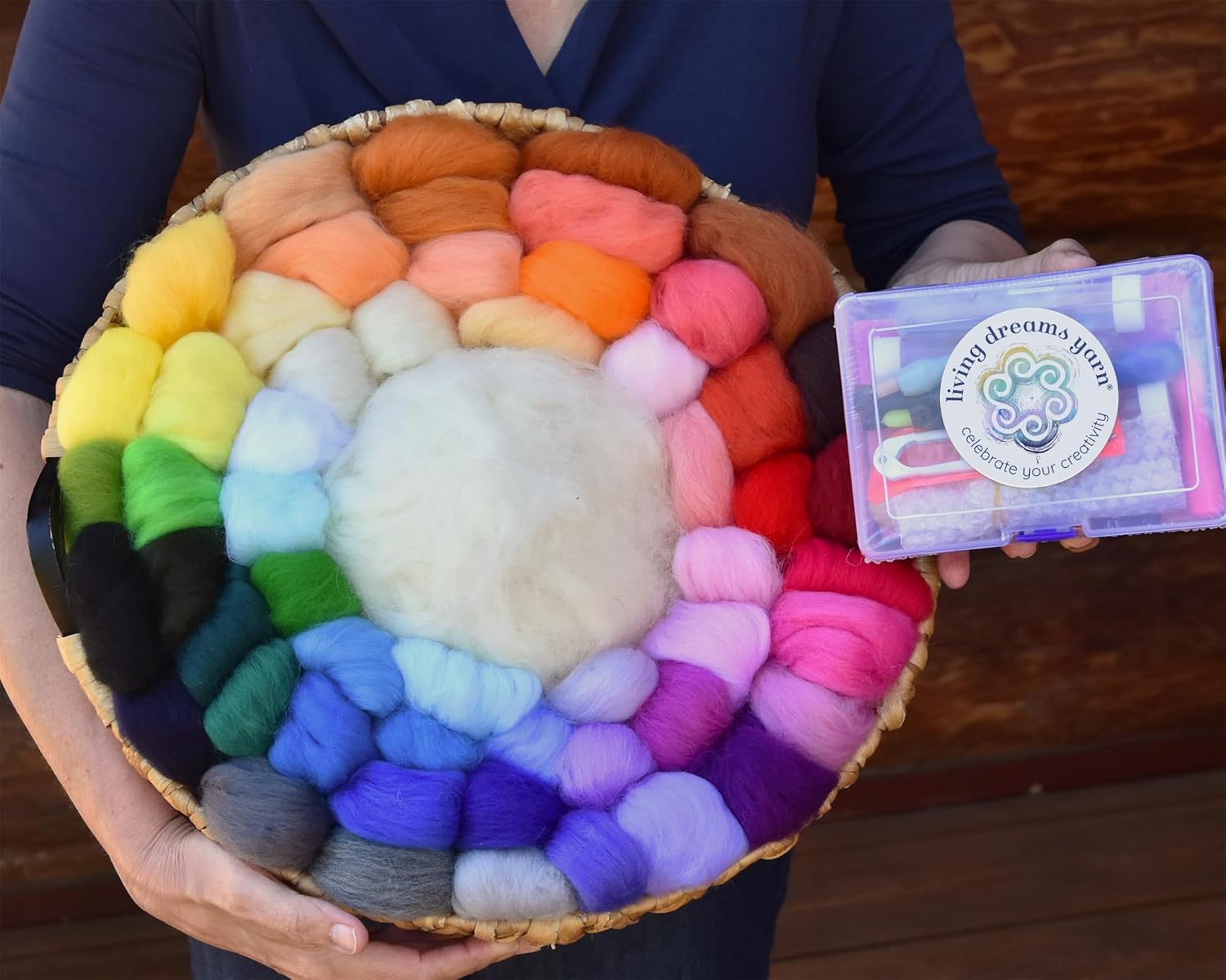 Living Dreams Yarn Needle Felting Starter Kit XL Deluxe Includes Rainbow Colored Wool, Core Wool, Full Set of Needles and Tools, Text and Video Guide. Complete Craft Kit for Beginners, Adults