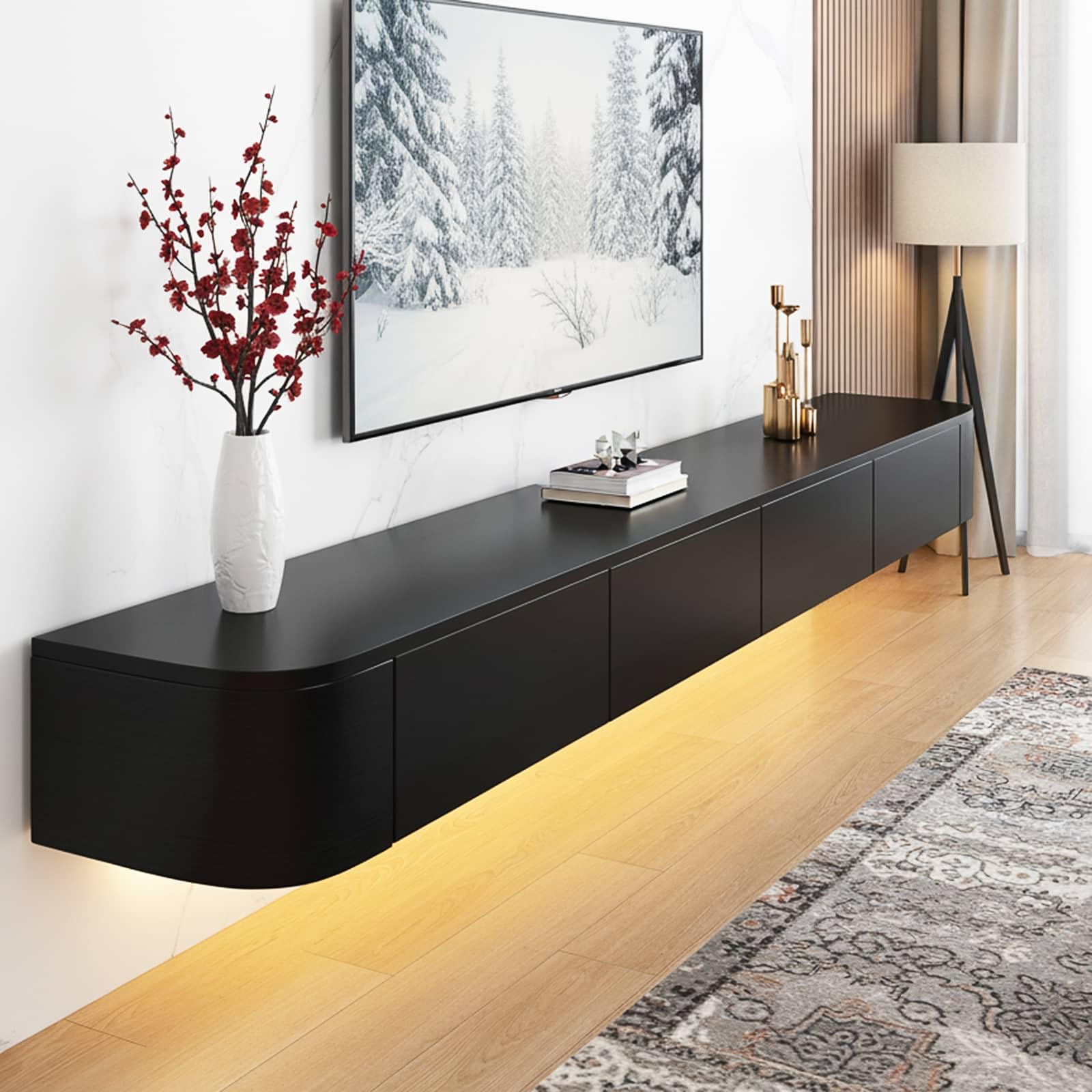 TV Lowboard Wall-Mounted tv Cabinet Tv Schrank schwebend-Schwarz+LED-Lichtleiste