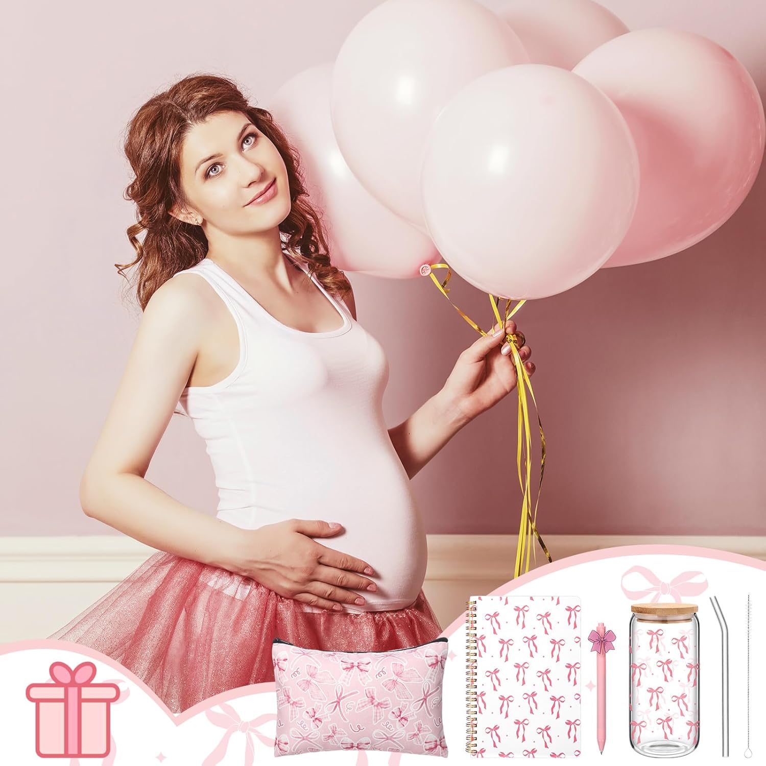 Boao 4 Pcs Coquette Pink Bow Gift Set Back to School Gift for First Day of School Party Favor, Glass Cup Pink Bow Notebook Cosmetic Bag Pens Bowknot Lined Notebook Stuff Coquette Party Favor - Image 6