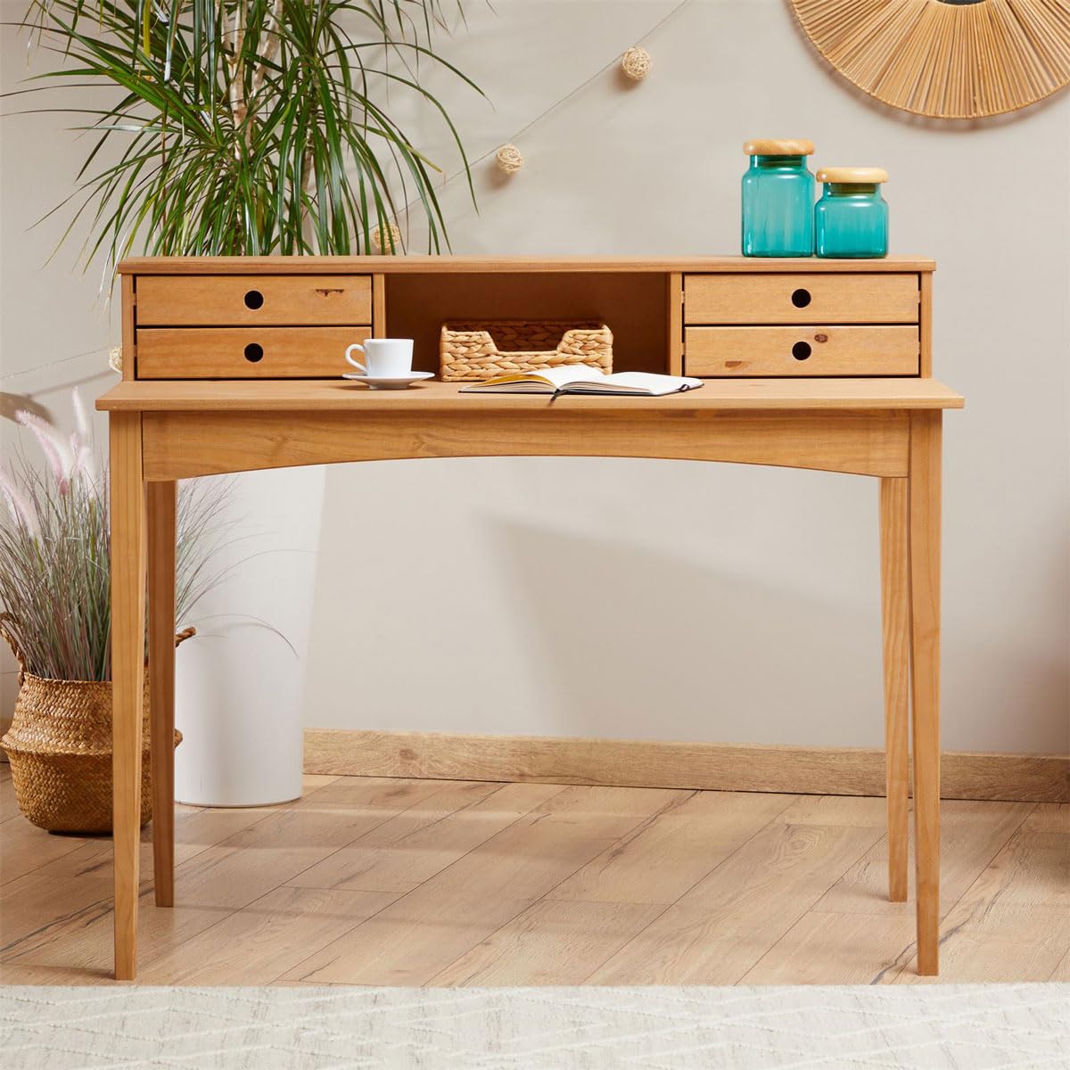 IDIMEX Schreibtisch Milano mit 4 Schubladen und 1 Fach aus Massivholz, Eiche Farben, robuste Verarbeitung PC-Tisch mit Stauraum für Büro und Home-Office