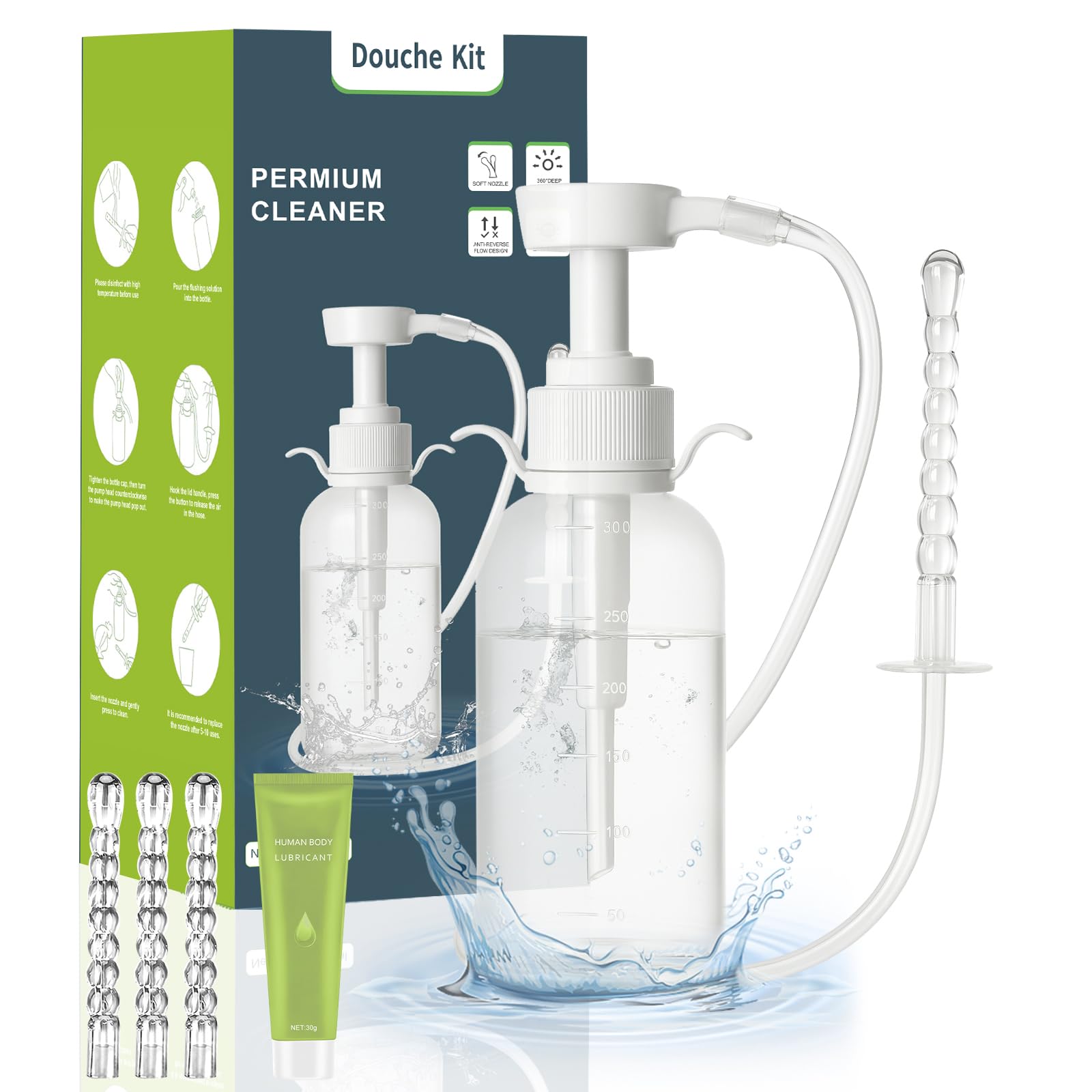 Enema Kit Douches for Men - 330ml Anti Back-Flow Design with Handle & 3 Nozzle Tips, Portable Rinse Bottle for Women