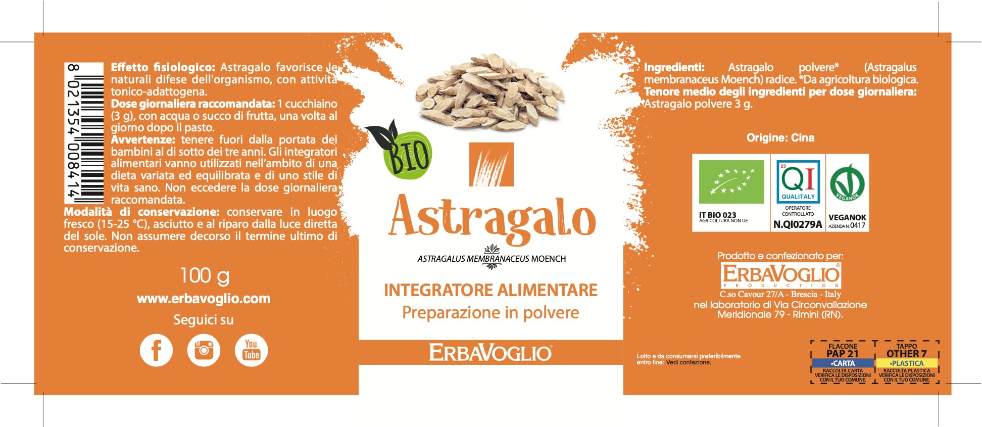 Erbavoglio Polvere di Astragalo Bio - 100 g - Integratore alimentare biologico - Rimedio tonico antinvecchiamento, aumenta stamina ed energia potenziando le difese immunitarie.