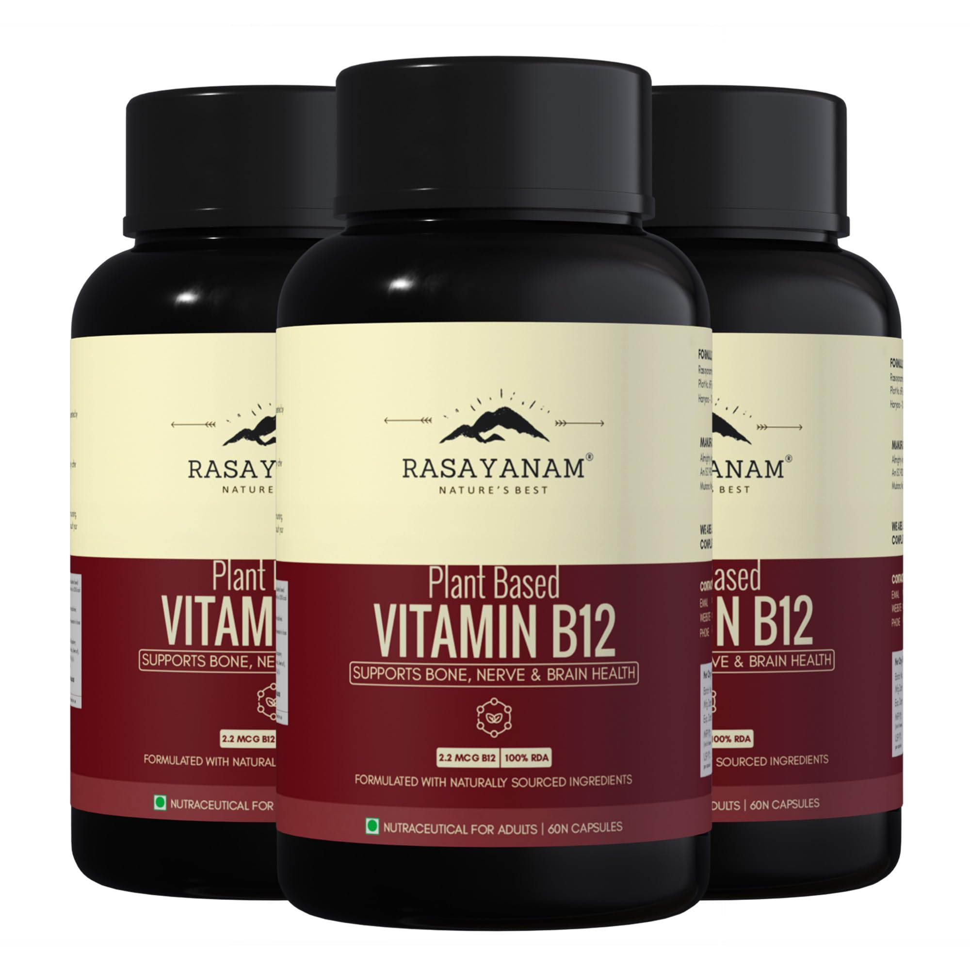 Rasayanam Plant-Based Vitamin B12 | 100% Vegan Vitamin B12 | Enriched with 7 Superfoods like Moringa, Amla & More | Supports Energy, Nerve Health & Brain Function | 180 Veg Capsules