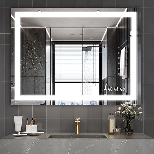 Butylux Espejo de baño LED montado en la pared de 32 x 24 pulgadas con 3000 K regulable antivaho espejo de baño iluminado con botón táctil