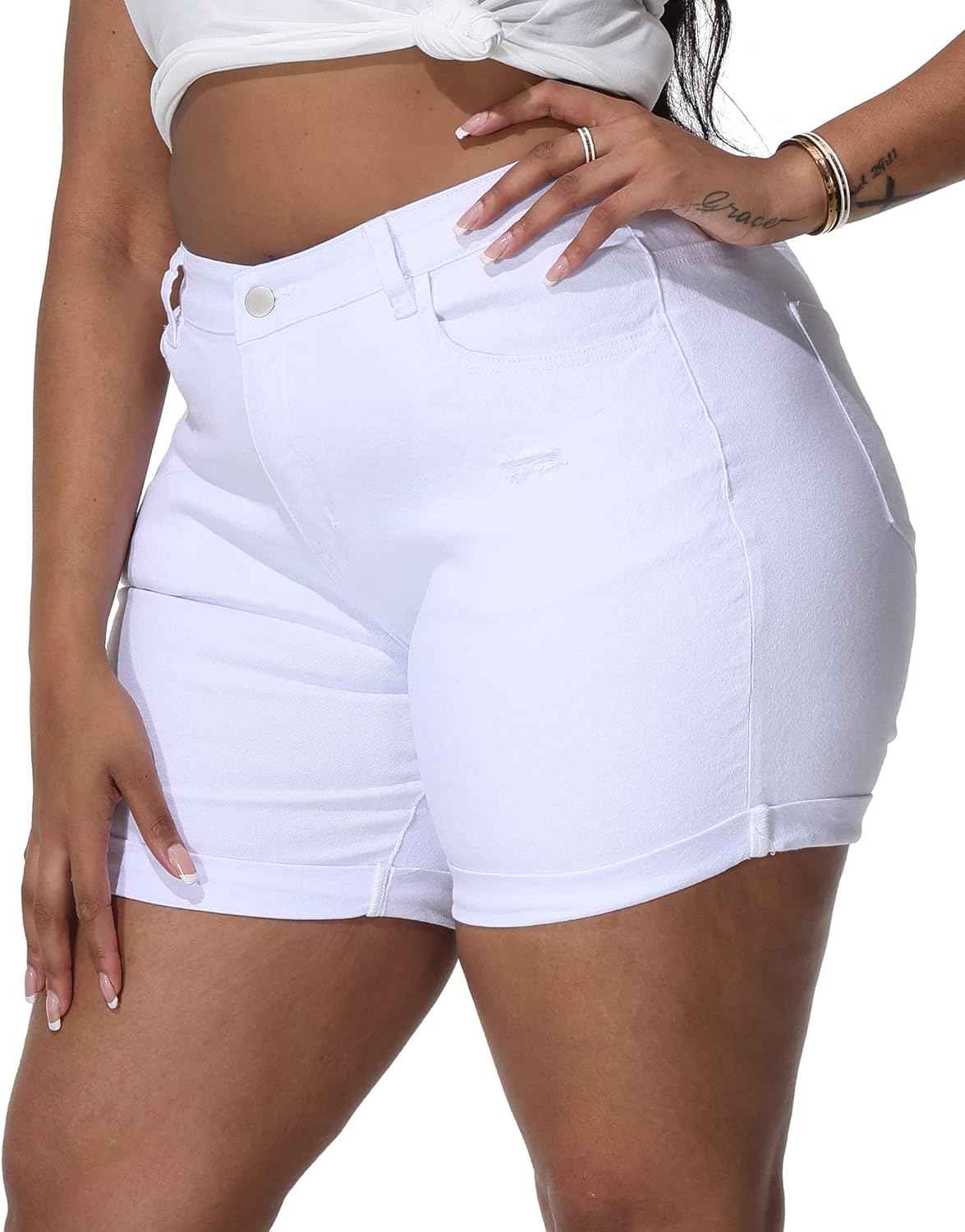 Womens Plus Size Jean Shorts Stretchy Solid Color High Waisted Summer Casual 5.5" Denim Shorts - Image 4