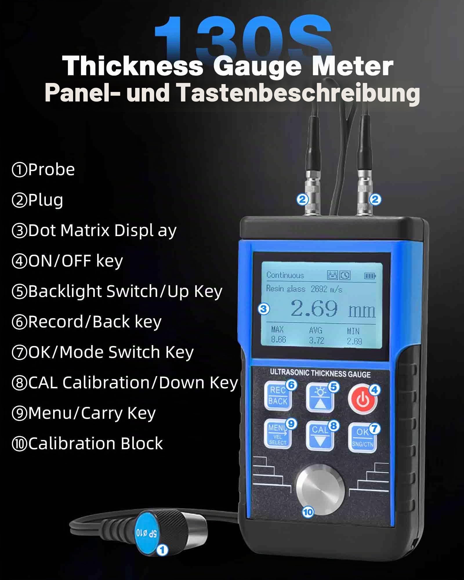 Ultraschall-Dickenmessgerät 0,8–500 mm, hohe Genauigkeit ±0,05 mm, Dickenmessgerät mit 5-MHz-Sonde (φ10 mm), Auflösung 0,01 mm, MAX/AVG/MIN-Modi für Stahl/Nylon/Keramik bei der Rohrleitungsinspektion