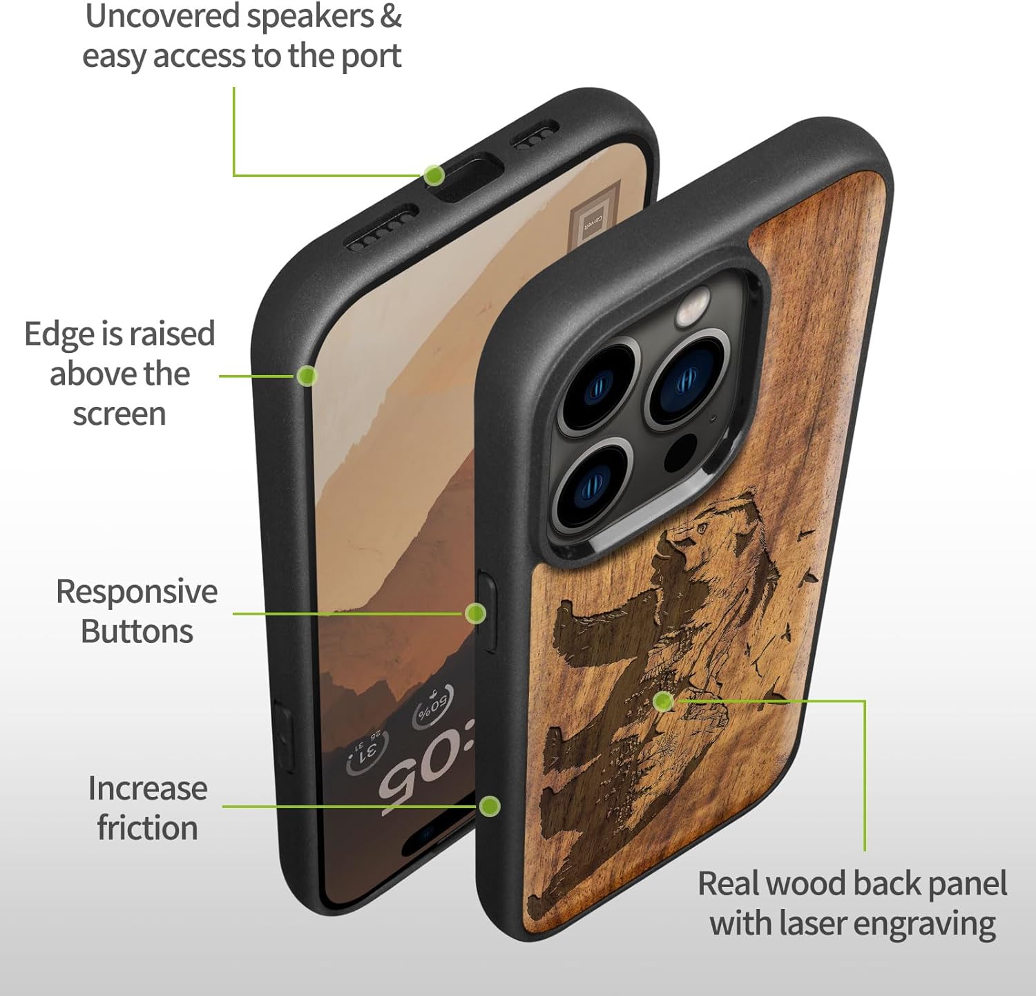Carveit Magnetic Wooden Case for iPhone 15 Pro Max Case, Compatible with MagSafe Wireless Chargers, Black Soft TPU Shockproof Cover & Wood Artisan Engraved (Bear and Valleys) - Walnut