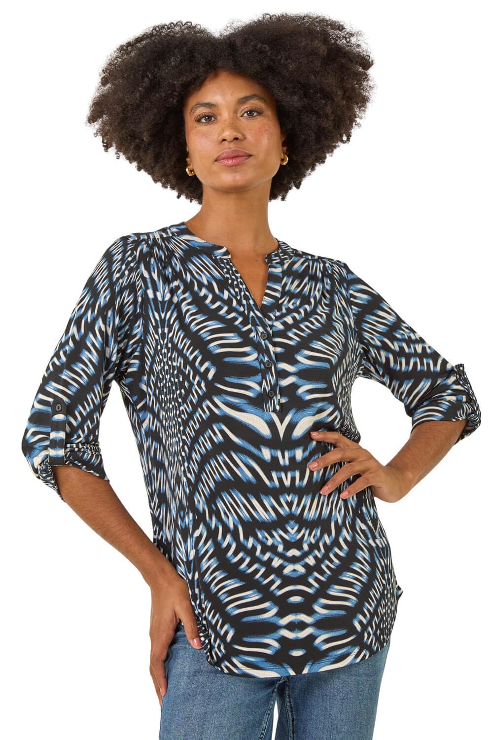 Roman Women's Abstract Puff Print Stretch Top in Blue | Size: 18