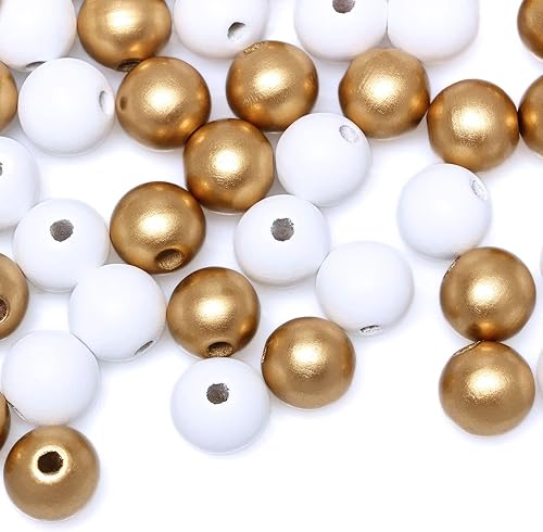 Miniatura 7 de 100 cuentas de madera blanca y dorada de 0.63 pulgadas para guirnaldas, cuentas espaciadoras sueltas de madera para manualidades, fabricación de