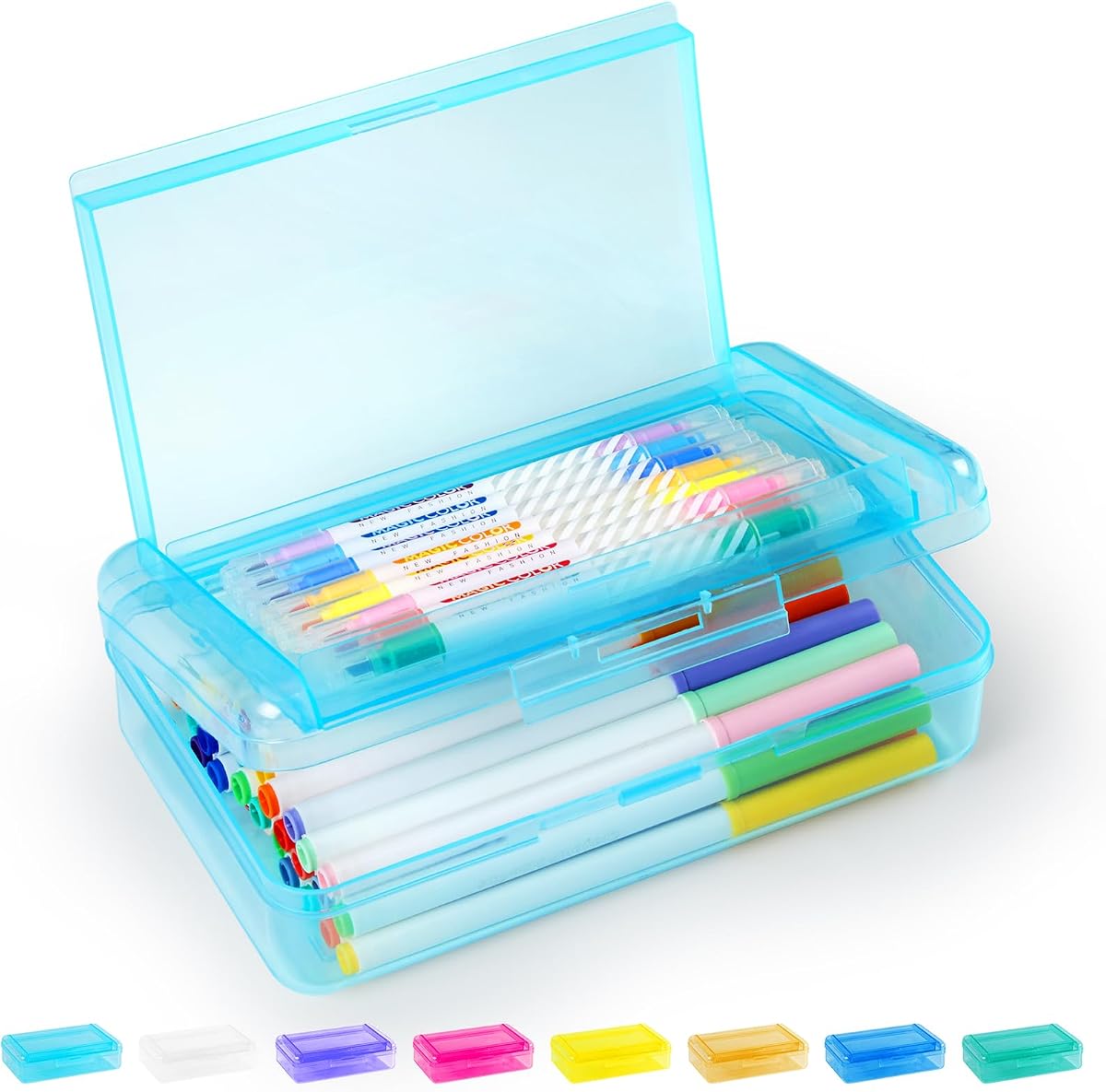 Double Layer Pencil Box, Large Hard Pencil Case Organizer, Clear Plastic Crayon Box for Girls and Boys, Colored Marker Organizer, Small Plastic Containers/Bins with Lids, Art Supply Storage