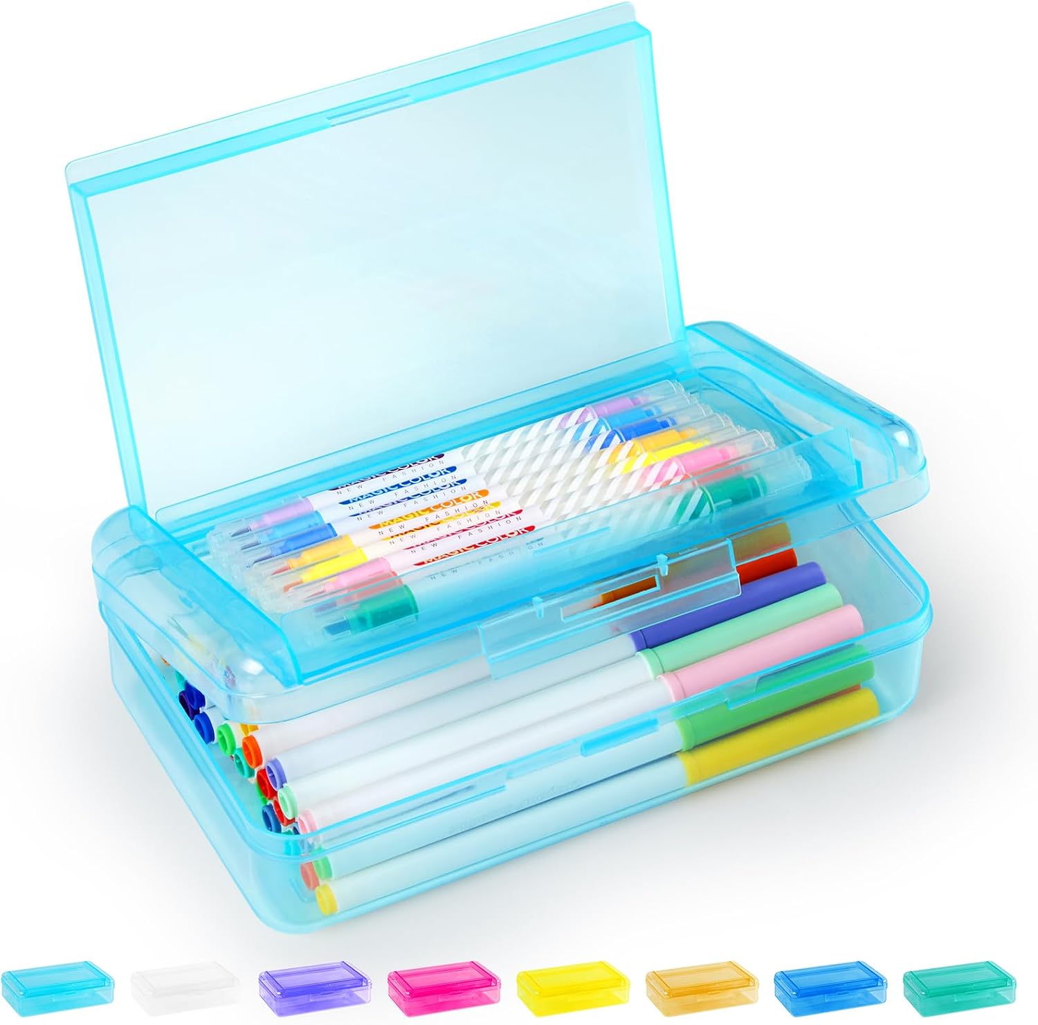 Sooez Double Layer Pencil Box, Large Hard Pencil Case Organizer, Clear Plastic Crayon Box for Girls and Boys, Colored Marker Organizer, Small Plastic Containers/Bins with Lids, Art Supply Storage