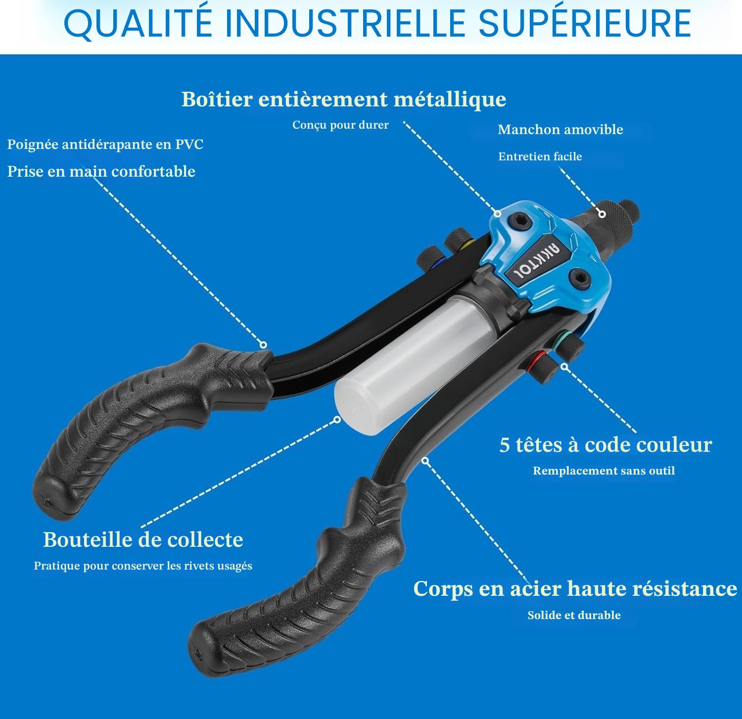 AKKTOL Pince a riveter pop 33cm ensemble 5en1 avec 210 rivets alu pour rivets aveugles Ø 6.4 à 2.4 mm en acier inoxydable alu | Riveteuse manuelle professionnelle