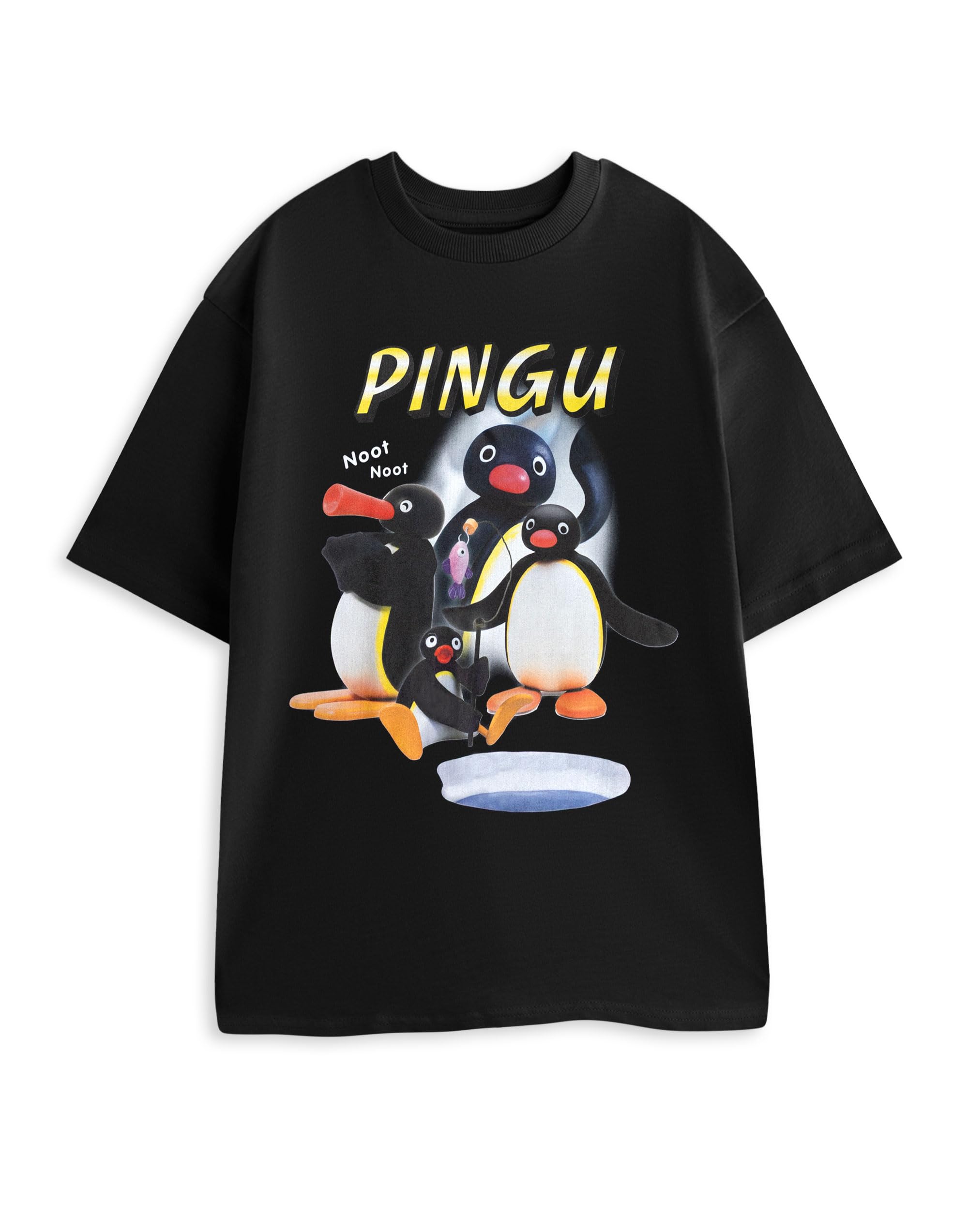 Pingu Unisex Black Short-Sleeved Graphic Tee | Penguin Character 'Noot Noot!' Print | Cartoon Top for Casual Wear Merch - Large