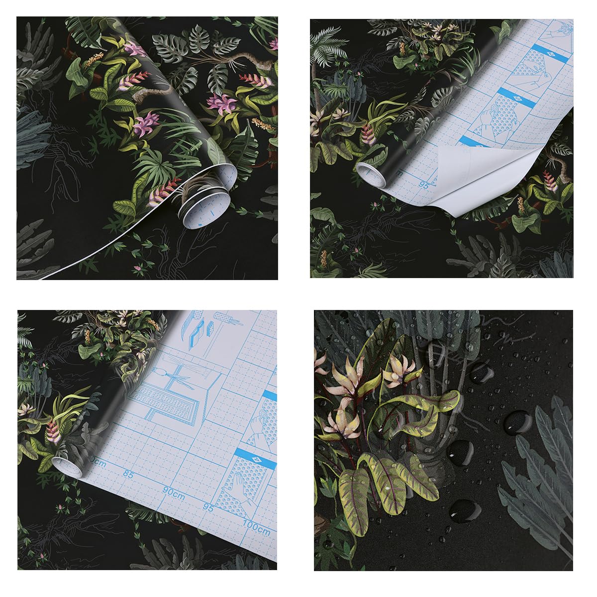Timeet Selbstklebende Tapete Schwarz 41x300cm Tropische Botanische Blumen Möbelfolie Selbstklebend Klebefolie Vinyl Wasserdicht Klebetapete für Schlafzimmer Wohnzimmer Küche Wand Möbel