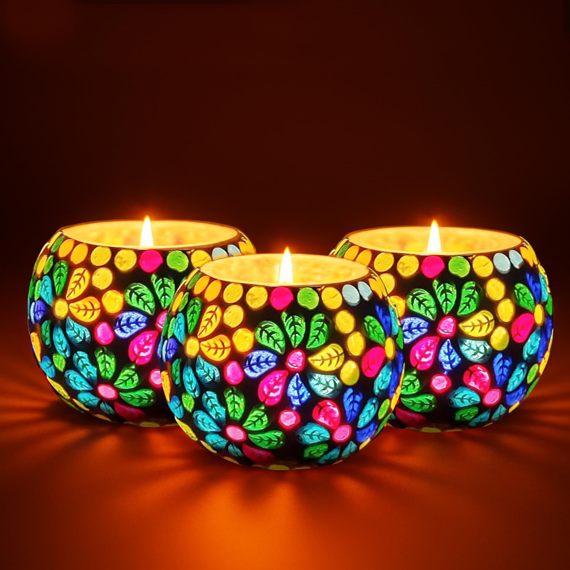 Floryn Decor Tealight Candle Holders for Home Decor | Mosaic Glass Tealight Candle Holder | Best for Diwali Gift and Christmas Gift | Pack of 3