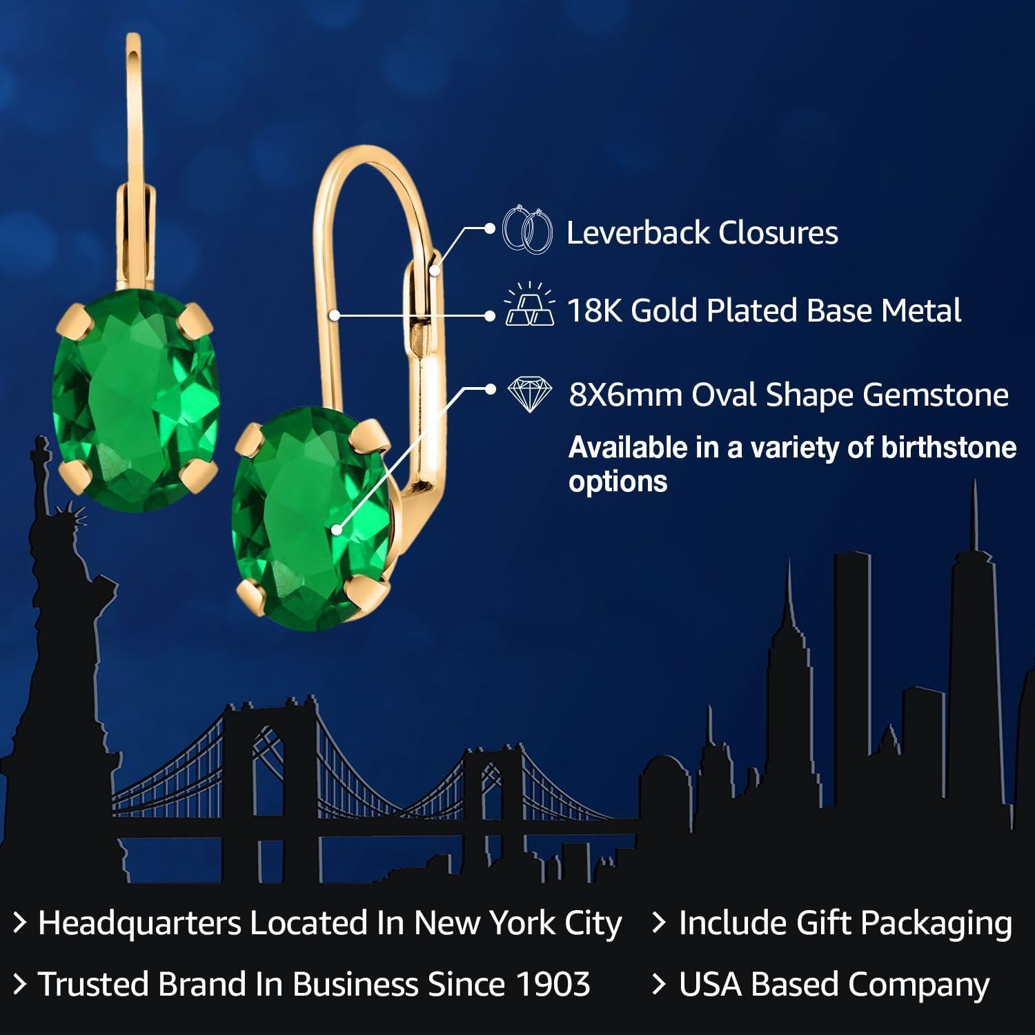Gem Stone King 18K Yellow Gold Plated Silver Gemstone Birthstone Leverback Drop Dangle Earrings for Women | Oval 8X6MM | Fine Jewelry for Her Mom Wife