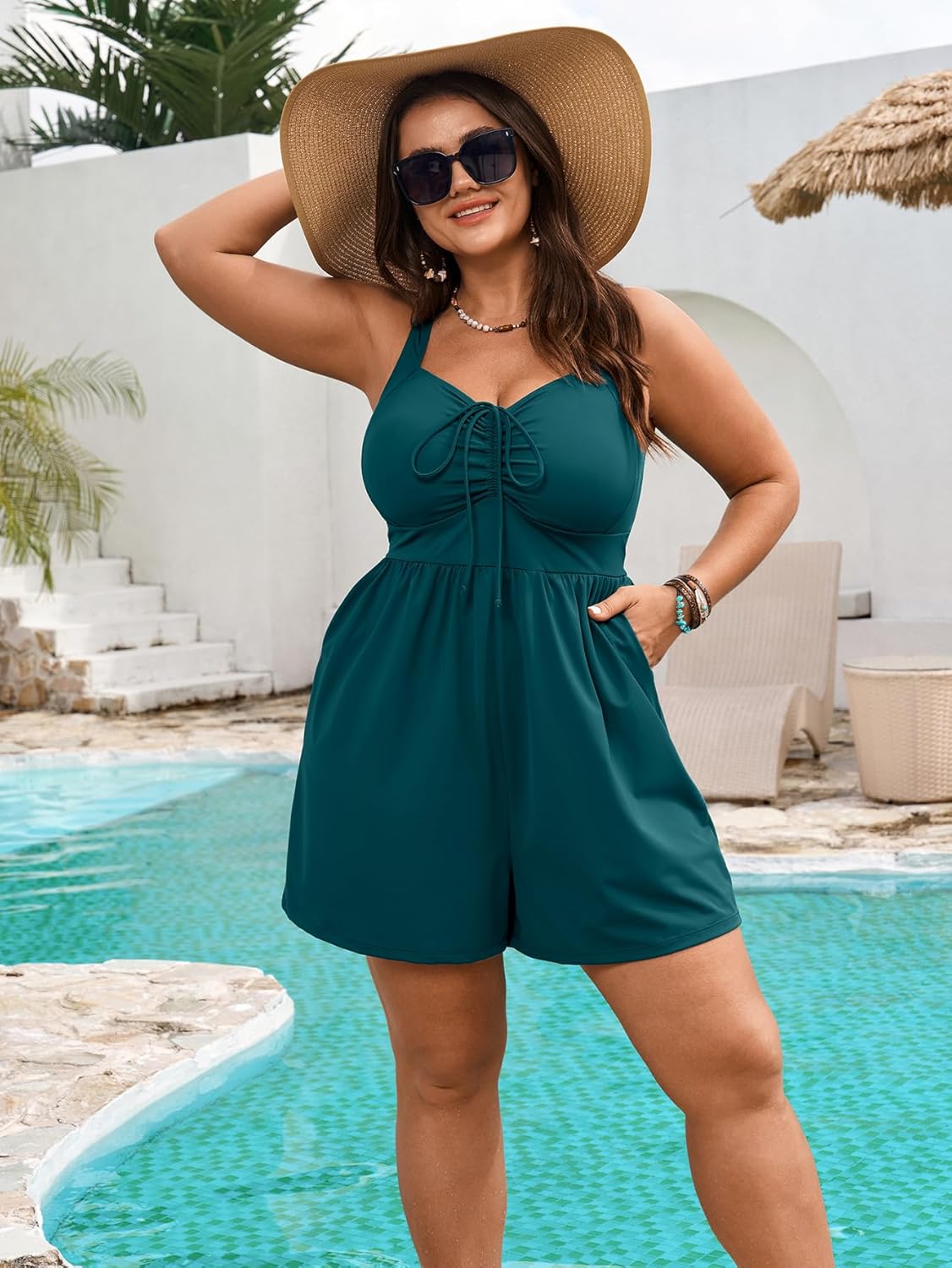 SCOMCHIC Plus Size Swim Romper One Piece Swimsuit Women Bathing Suit with Pockets Modest Swimwear with Shorts - Image 7