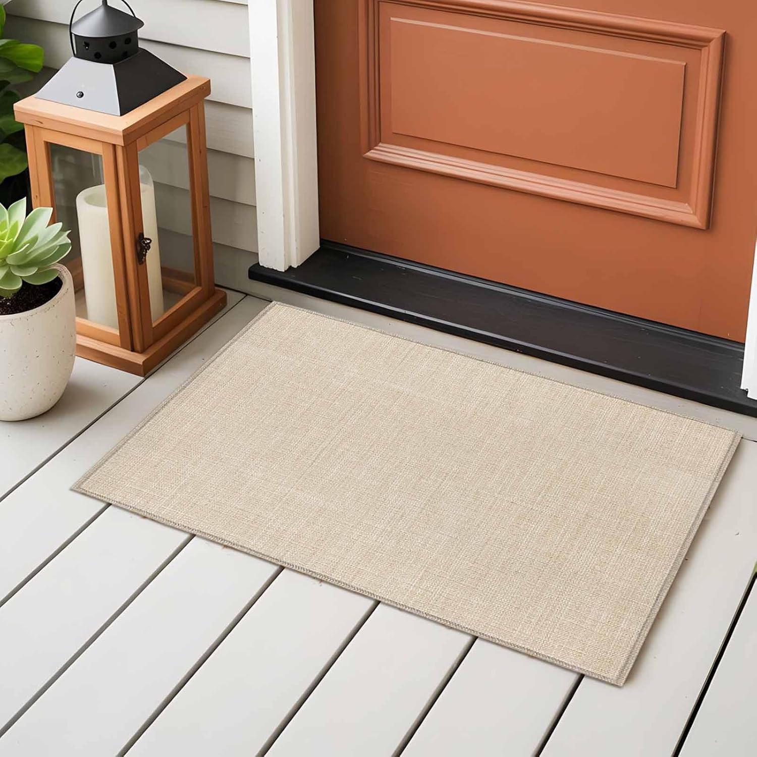 Linen Beige Bathroom Rug Washable 2x3 Entryway Rug Non Slip Farmhouse Modern Cream Front Door Mat Low Pile Indoor Minimalism Pure Solid Color Doormat Throw Floor Carpet for Kitchen Bedroom Entrance