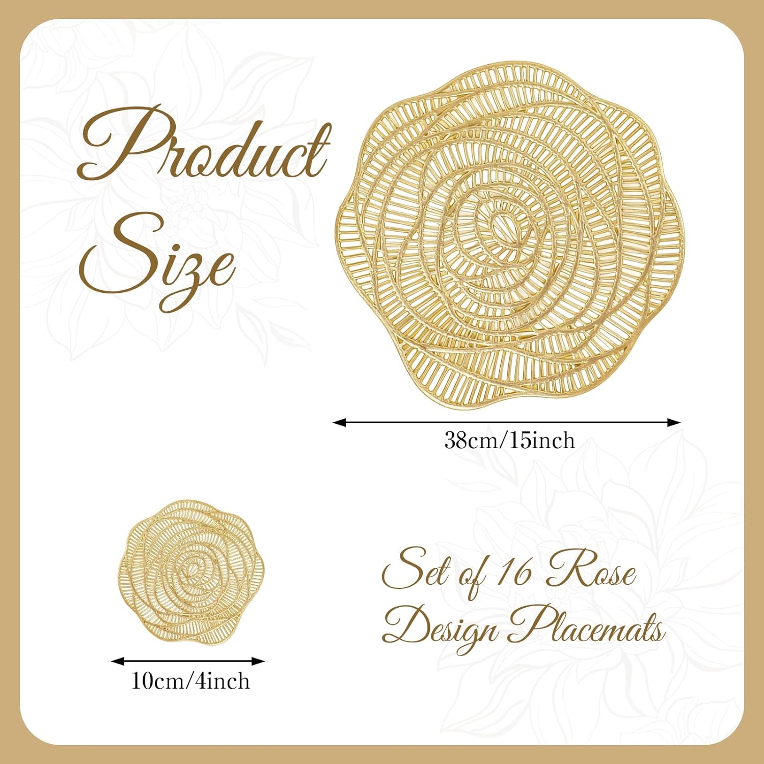 16 Set 15 Inch Round Pressed Vinyl Placemats with Place Mats and Coasters Slip Resistant Metallic Place Mat Coaster Gold Hollow Out Rose Placemat Set for Kitchen Dining Wedding