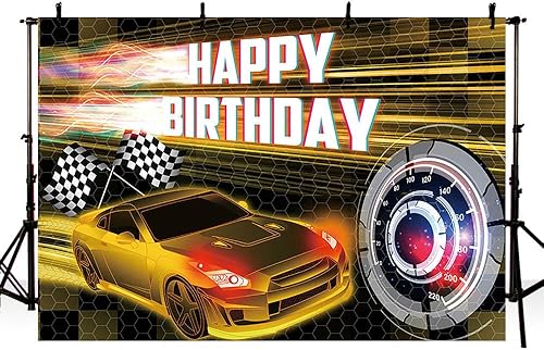 Vista 14 de MEHOFOND Telón de fondo de feliz cumpleaños de carreras de autos de 7 x 5 pies, fondo dorado de fiesta de coche de carreras para niños, decoración