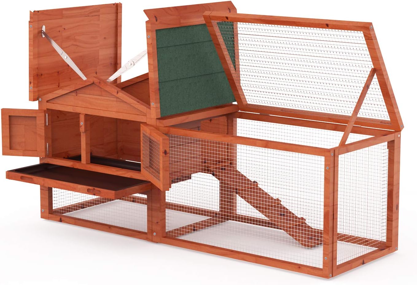 LINLUX 62" Large Indoor Outdoor Rabbit Hutch Wooden Chicken Coop, Garden Backyard Bunny Hen House Small Animal Cage with Hutch Wire Fence, Ventilation Door, Removable Tray(Orange)