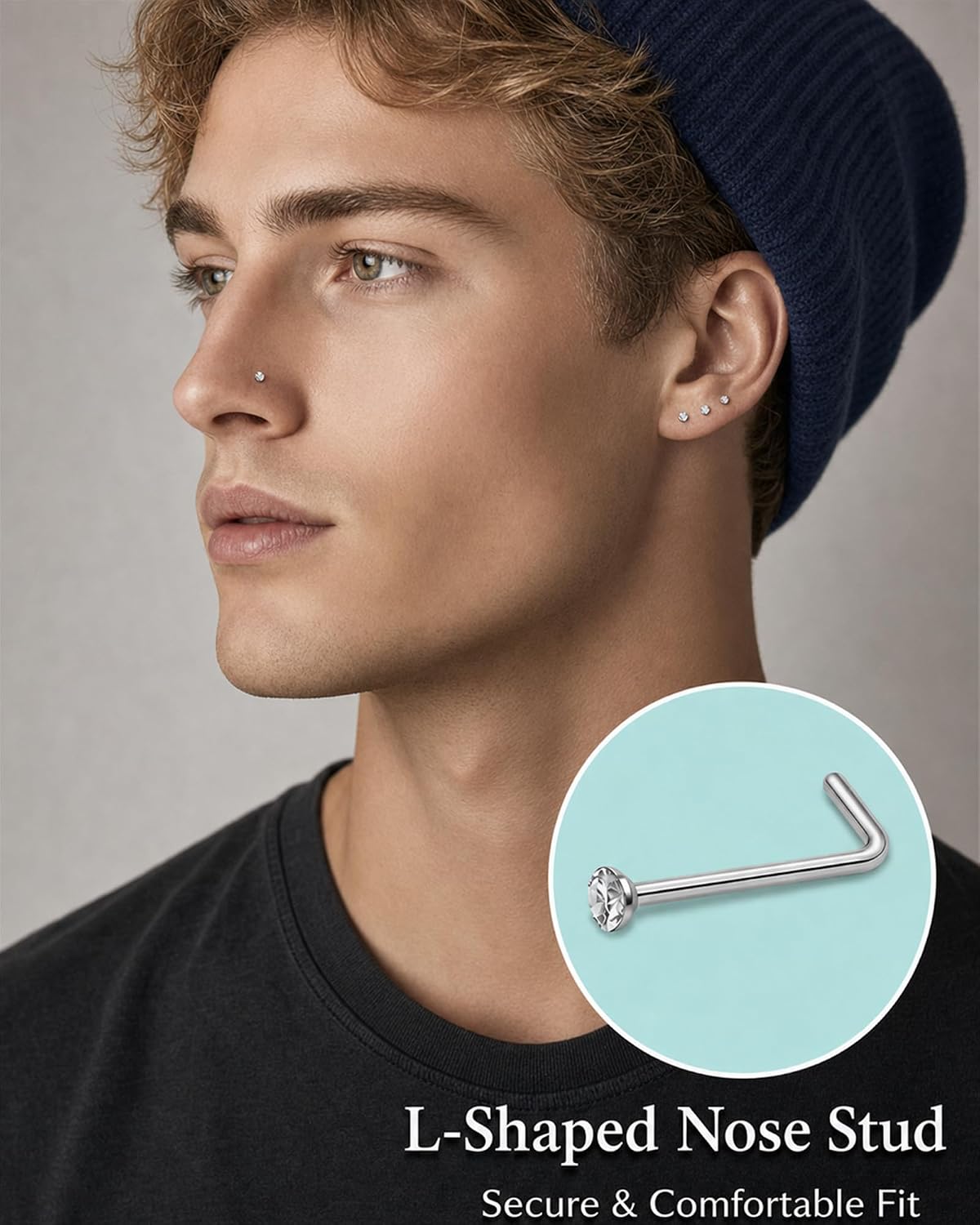 40/60PCS L-Shaped Nose Studs for Women Men, 22G, Surgical Steel