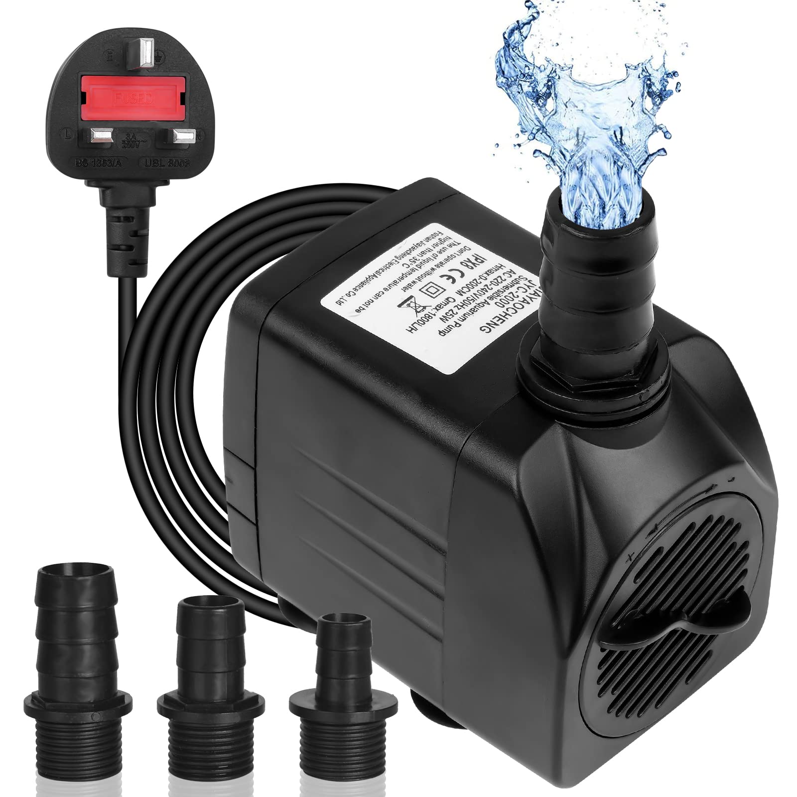 flintronicSubmersible Water Pump(25W 1500L/H), Ultra-Quiet Water Pump, 400Gph 2.2m/7.2ft High Lift Fountain Pump for Aquarium,Fish Tank,Statuary,Hydroponics,4 Suction Cup,1.4m Power Cord & 3 Nozzles