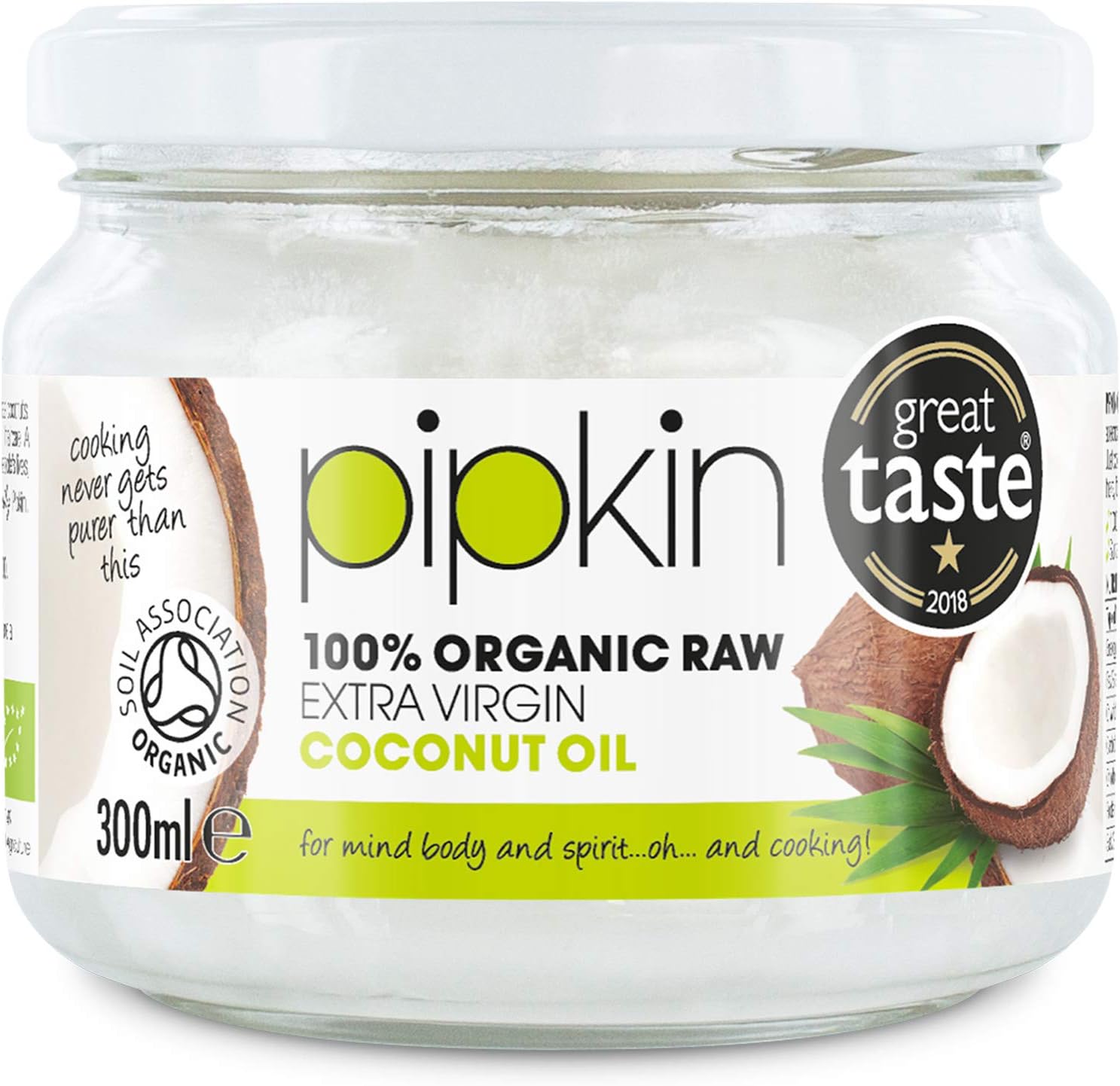 Pipkin 100% Organic Coconut Oil 300ml, Cold Pressed Raw Pure Extra Virgin, Multi-Purpose, Non-GM, for Hair/Skin/Body Moisturiser, Edible, Gluten Free, Vegetarian, Vegan and Paleo Friendly