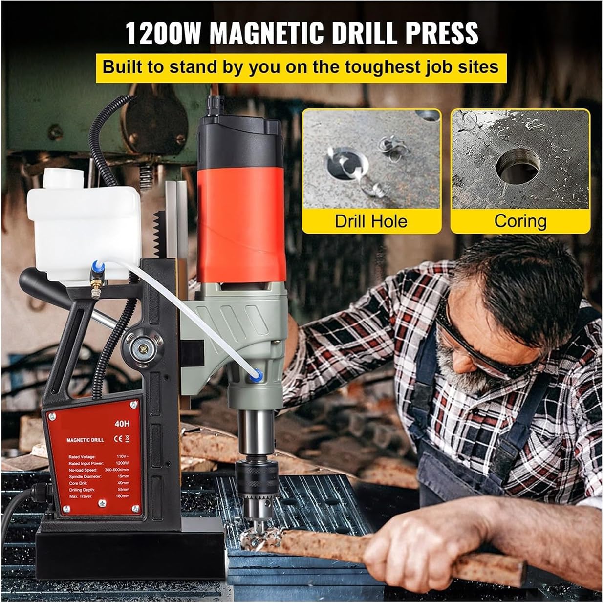 Prensa de taladro magnética, máquina de perforación magnética portátil de 1100 W, diámetro de perforación de 1-1/2 pulgadas, fuerza magnética de 1,224.7 kg para superficies metálicas