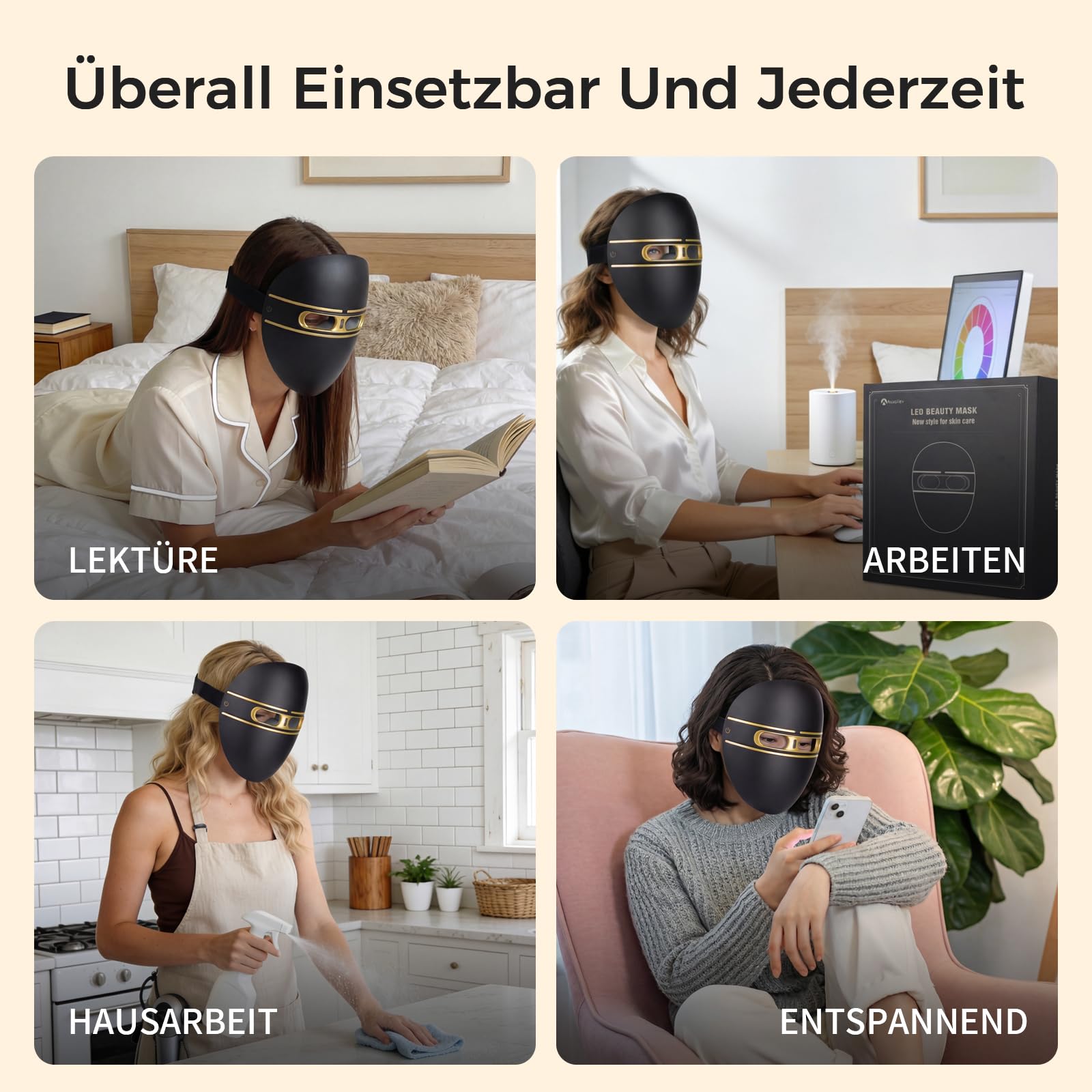 Auxoliev LED-Gesichtsmaske mit Lichttherapie, kabellos, 850 nm 633 nm 415 nm (Rot, Blau, Nahinfrarot), zur Reduzierung von Falten und feinen Linien – für die Hautpflege zu Hause
