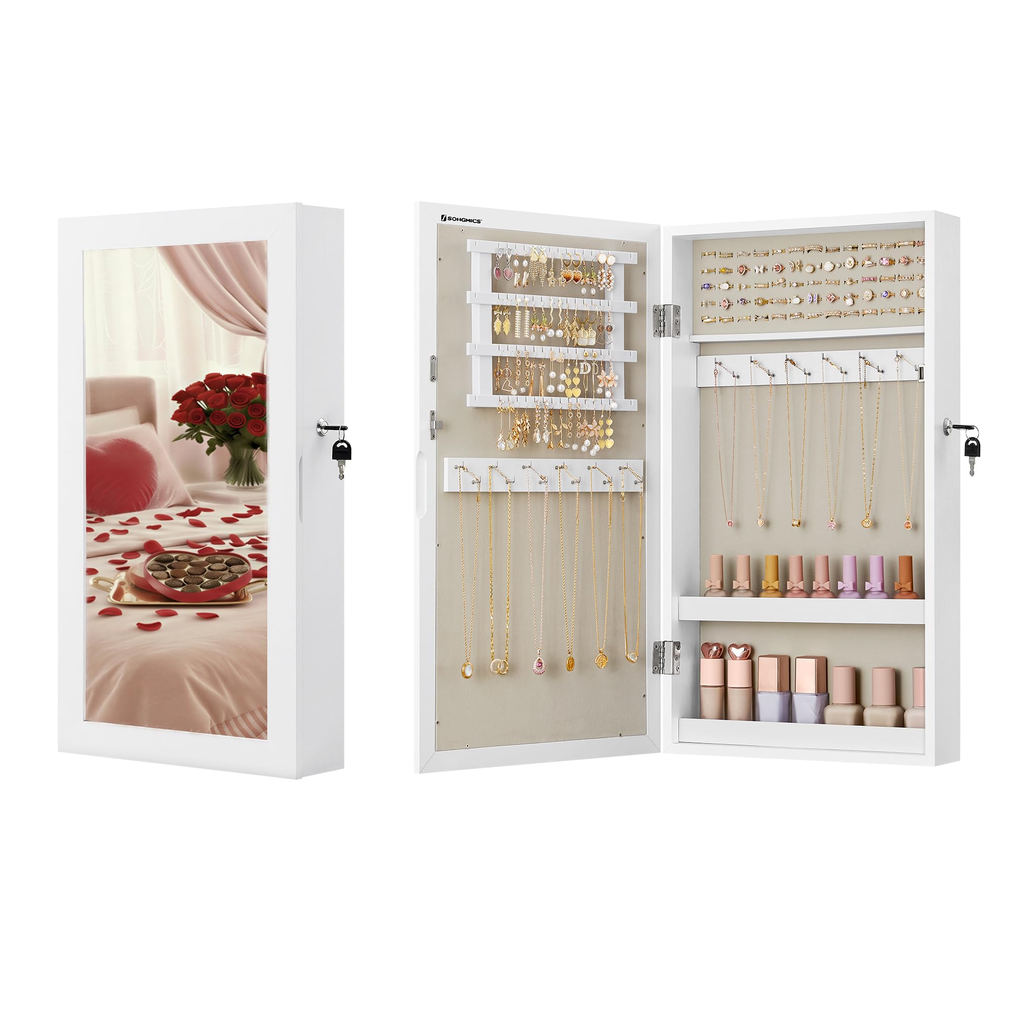 SONGMICS Wall-Mounted Jewellery Cabinet, Mirror with Storage, Lockable Mirrored Cabinet, Jewellery Organiser with Mirror, Space-Saving, White Surface, Greige Lining JJC051W02