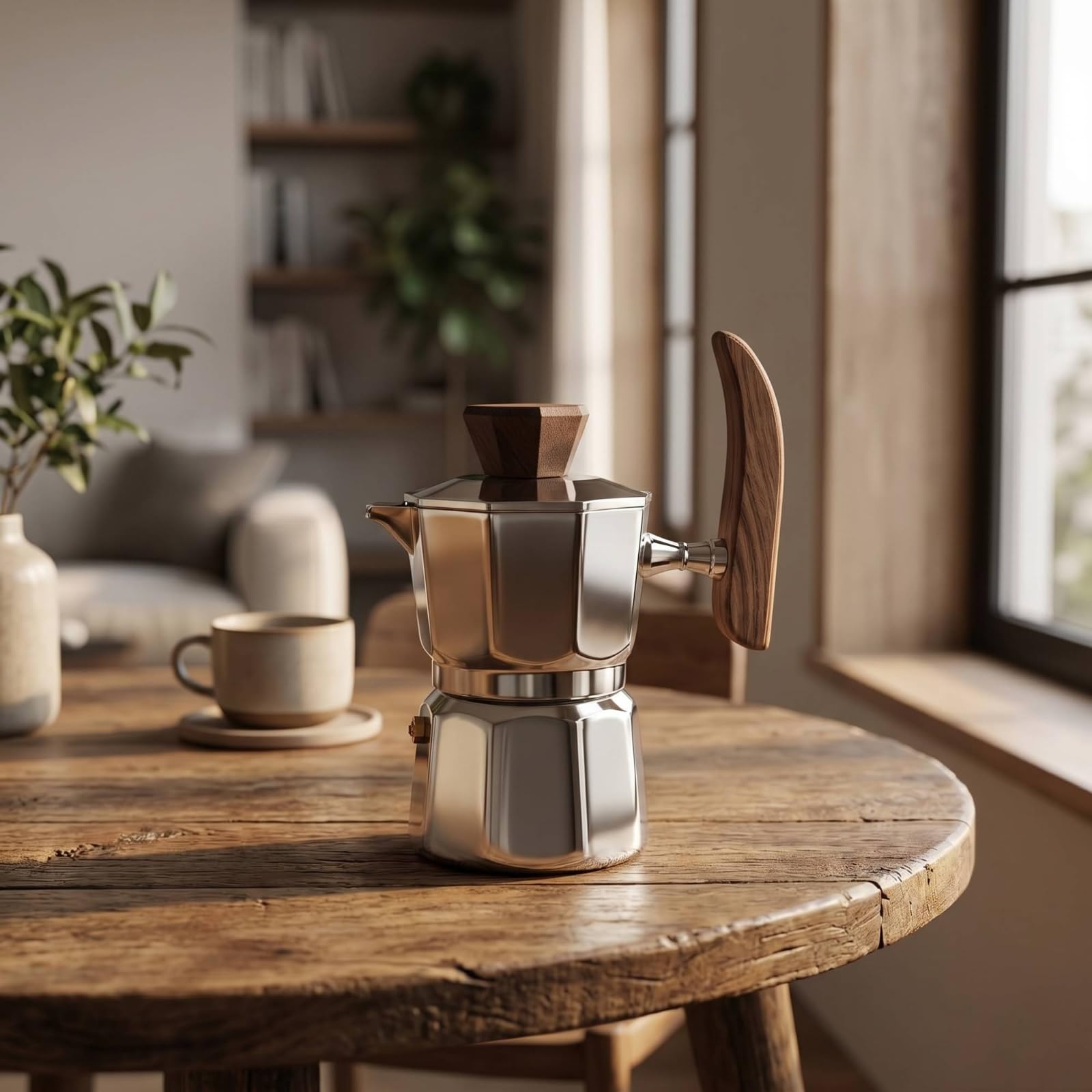 Cafetera Cafetera Italiana Acero Inoxidable Resistente Al Temperatura Italiana con Mango Madera Uniforme para Cocina, Oficina