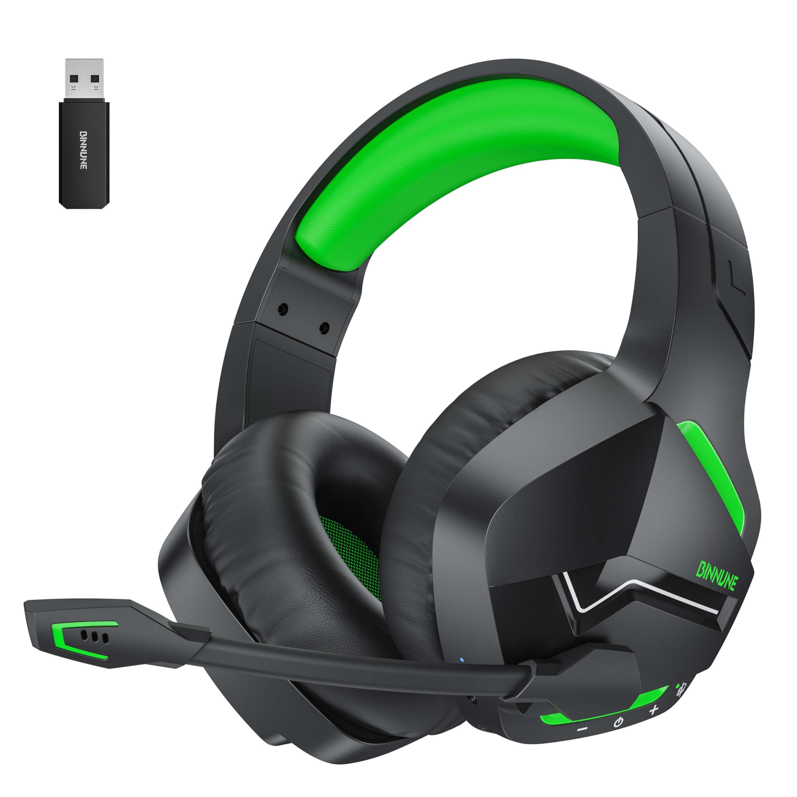 BINNUNE Wireless Gaming Headset with 2.4GHz for PS5, PS4, PC, Switch, FPS Gamers, 120Hrs+ Bluetooth 5.3 Gaming Headsets with Noise Canceling Mic, 50MM Headphones for Laptop, Mobile, Mac (Green)