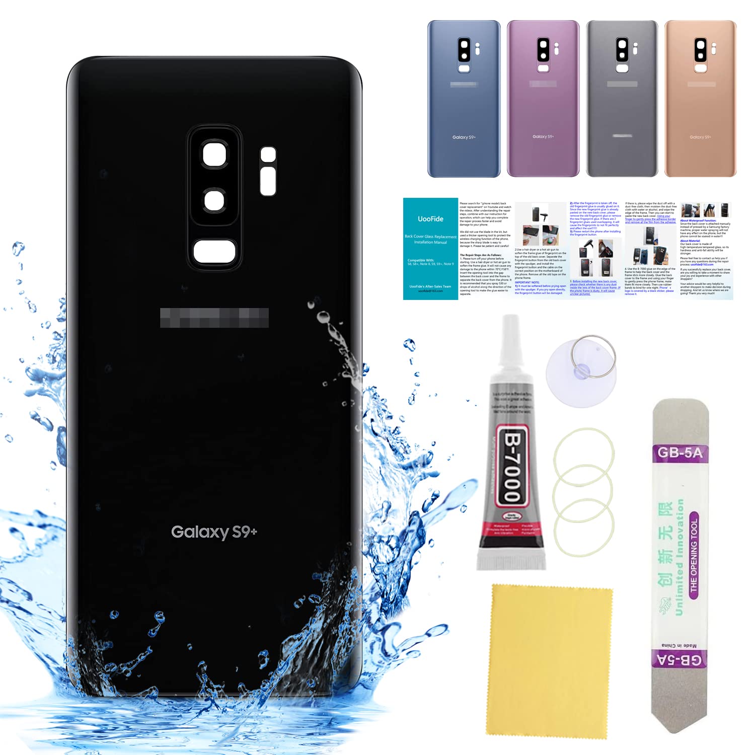 Compatible for Samsung Galaxy S9+ Back Cover Glass Replacement 6.2-Inches SM-G965 All Carriers with Installation Manual + Repair Tool Kit (Midnight Black)