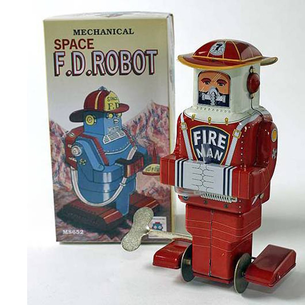 HwaStudio Wind Up Space F.D. Robot Fireman Toy Wind UP Tin Toy Clockwork Funny Walking Robot Mechanical Toys Collectible Gifts for Christmas Birthday MS652