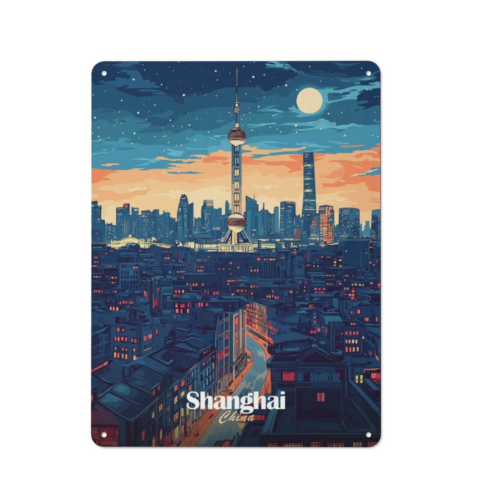 Junmoney Shanghai Skyline Night Tin Sign 40X30cm With For Home Bar Wall, Retro Decor, Suited To Home Bar Decor Fans