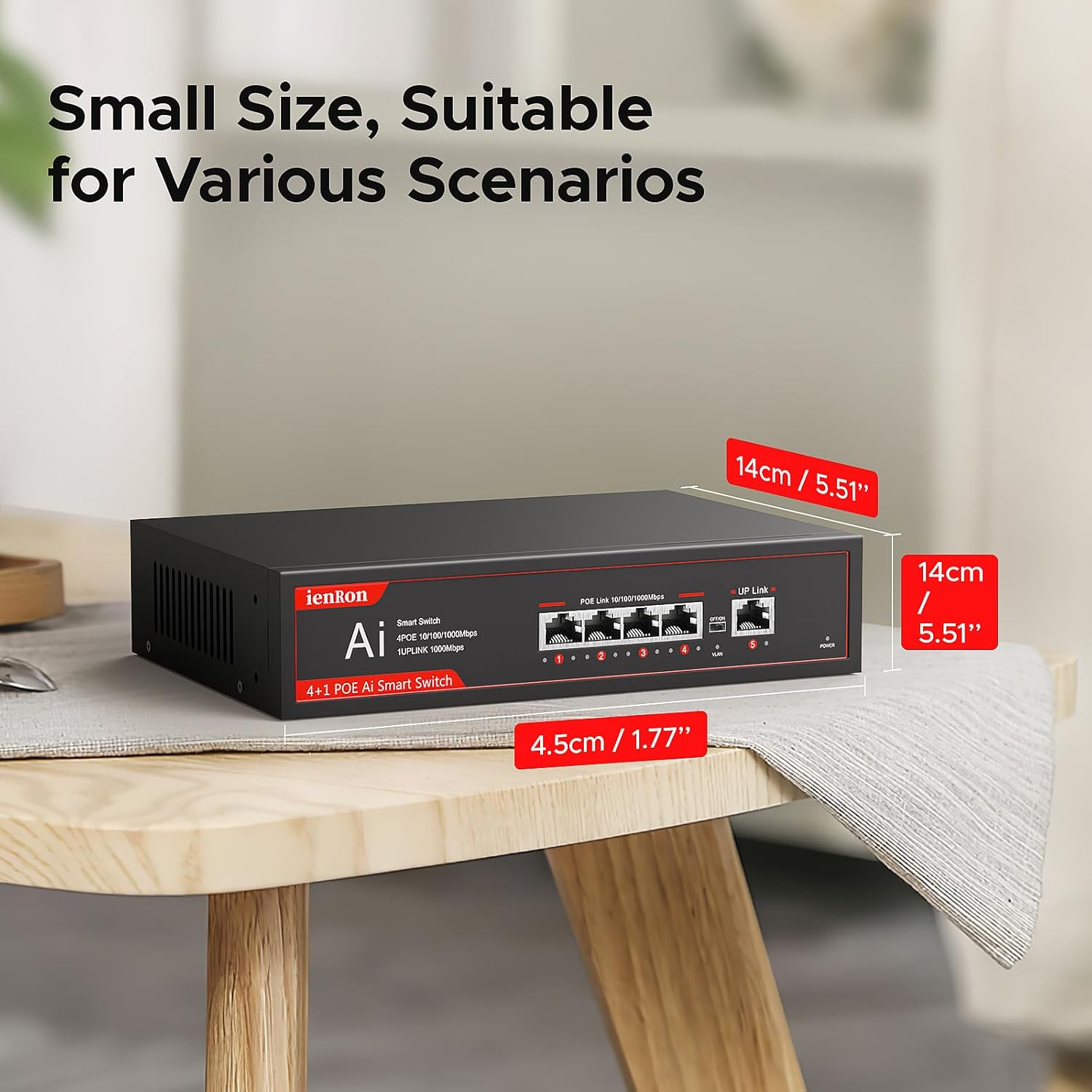 Dimensions of the ienRon 5-Port PoE Gigabit Switch