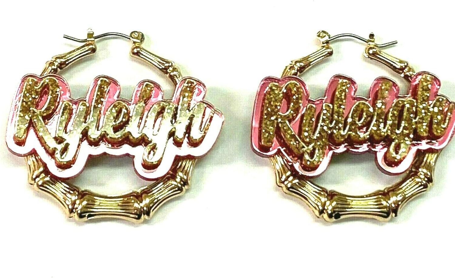 Personalized Custom Gold Hoop 1.5, 2.5, 3.5" Size and Color Choice Bamboo Earrings Name Plate Laser Cut Diamond Look Script Cursive Design Stunning Look - Quality, Attractive Gold Bamboo Earrings, Made To Order - Any Name