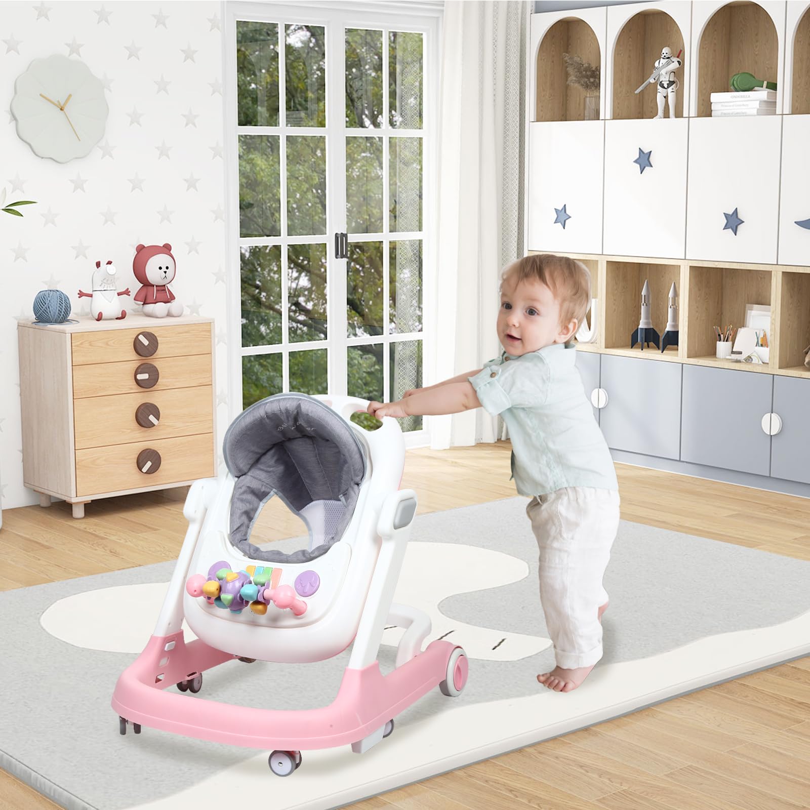 OHMG Girello per bambini 4 in 1 con vassoio per attività musicali rimovibili, girello per bambini facilmente pieghevole, da 6 a 18 mesi, fino a 12 kg, regolabile in altezza con ruote silenziose