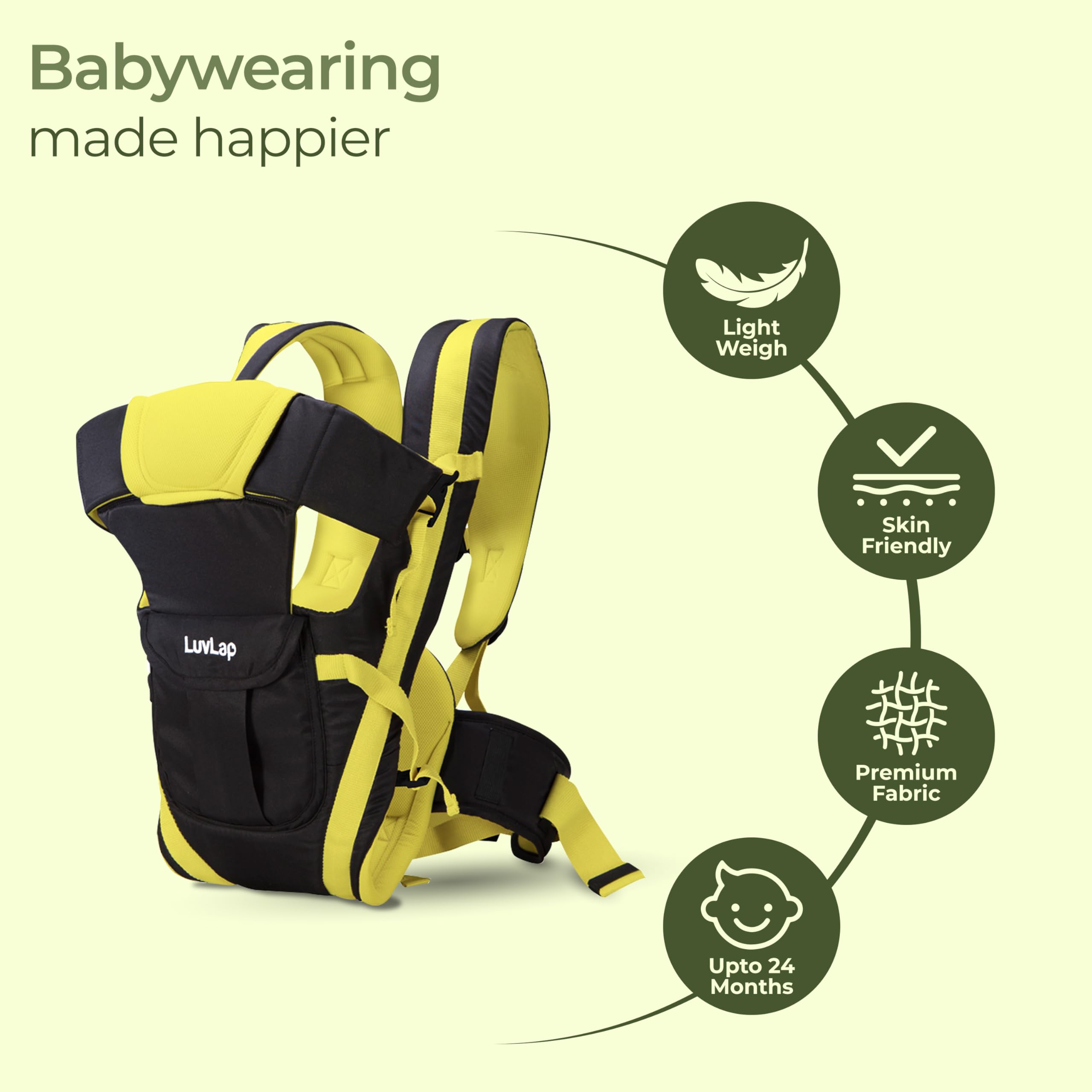 LuvLap Elegant Baby Carrier with 4 Carry Positions, Baby Carrier for 4 to 24 Months Baby,Adjustable New-Born to Toddler Carrier with Cushioned Leg Support, Max Weight Up to 15 Kgs(Black& Green) 3