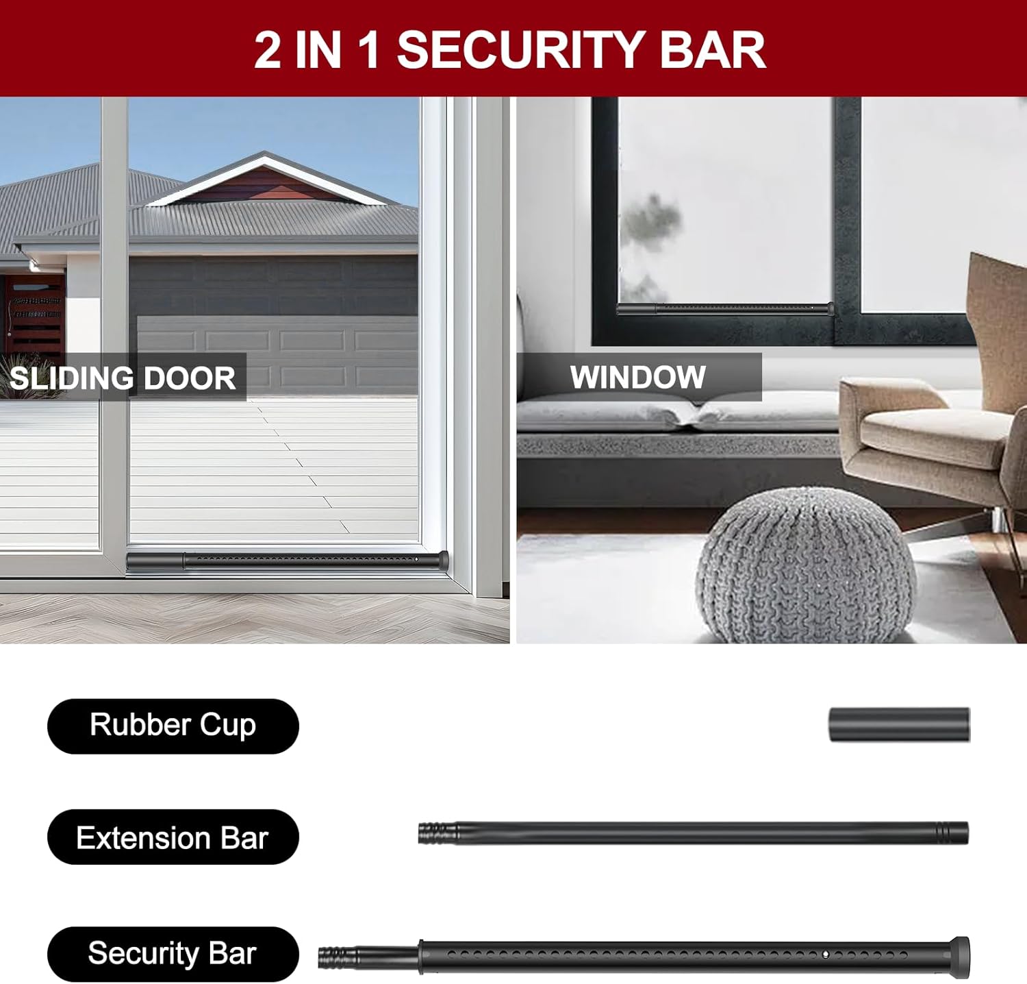 AceMining Sliding Door Security Bar,Heavy Duty Sliding Patio Door Lock Bar, 20-50inch Adjustable Multi-use Window Security Bars, Sliding Door Stopper,Black,2Pack