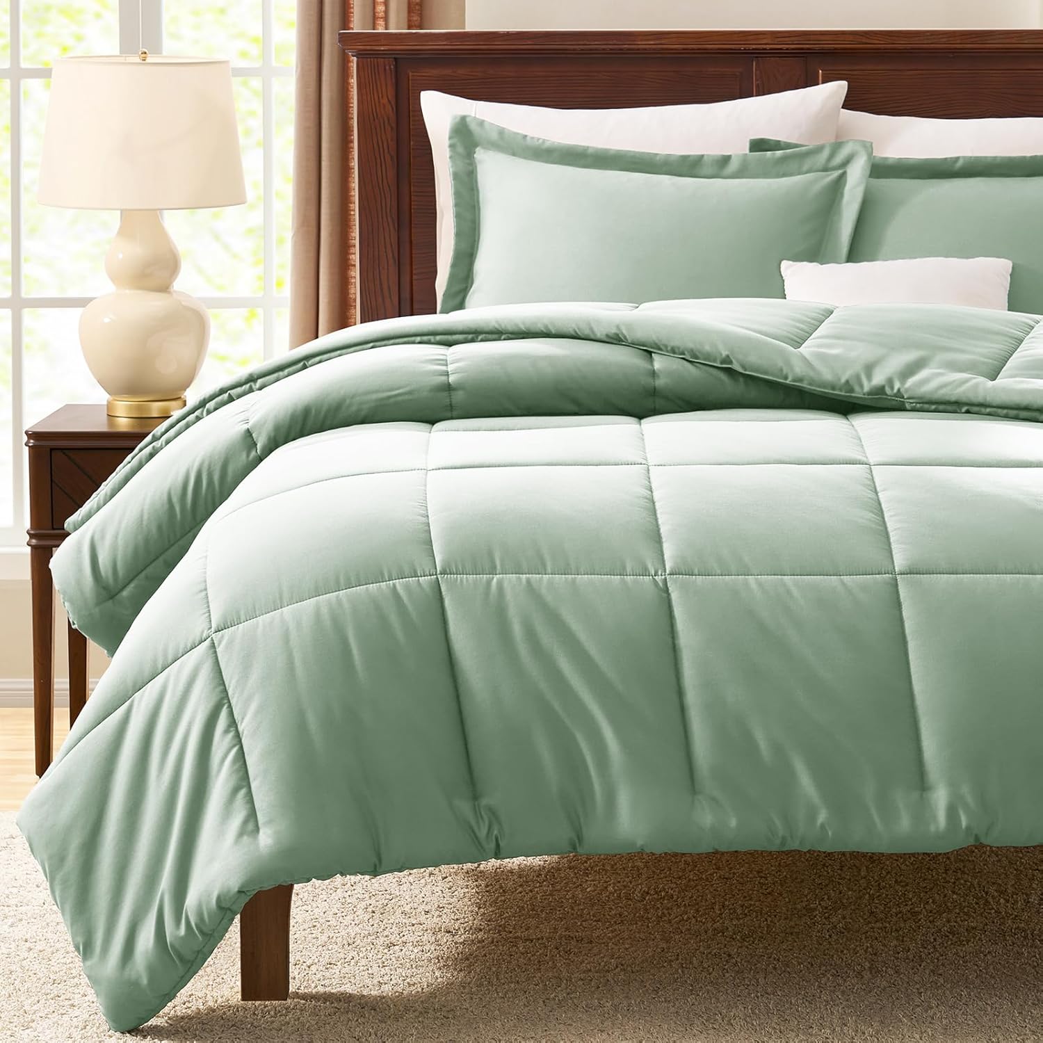 CozyLux Queen Comforter Set - Sage Green Comforter Queen Size, 3 Pieces Box Stitched Bed Set for All Seasons, Soft Lightweight Bedding Sets with 1 Down Alternative Comforter and 2 Pillow Shams - Image 7