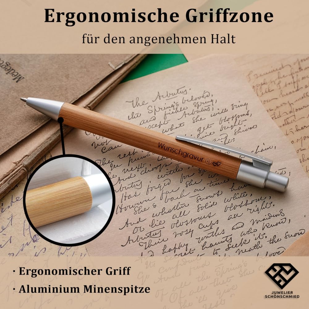 Juwelier Schönschmied 50x Kugelschreiber aus Bambus inkl. Wunschgravur | Emoji Gravur | Werbekugelschreiber personalisiert | Umweltfreundlich | blauschreibend | ø11 x 142 mm (50), (PS206)
