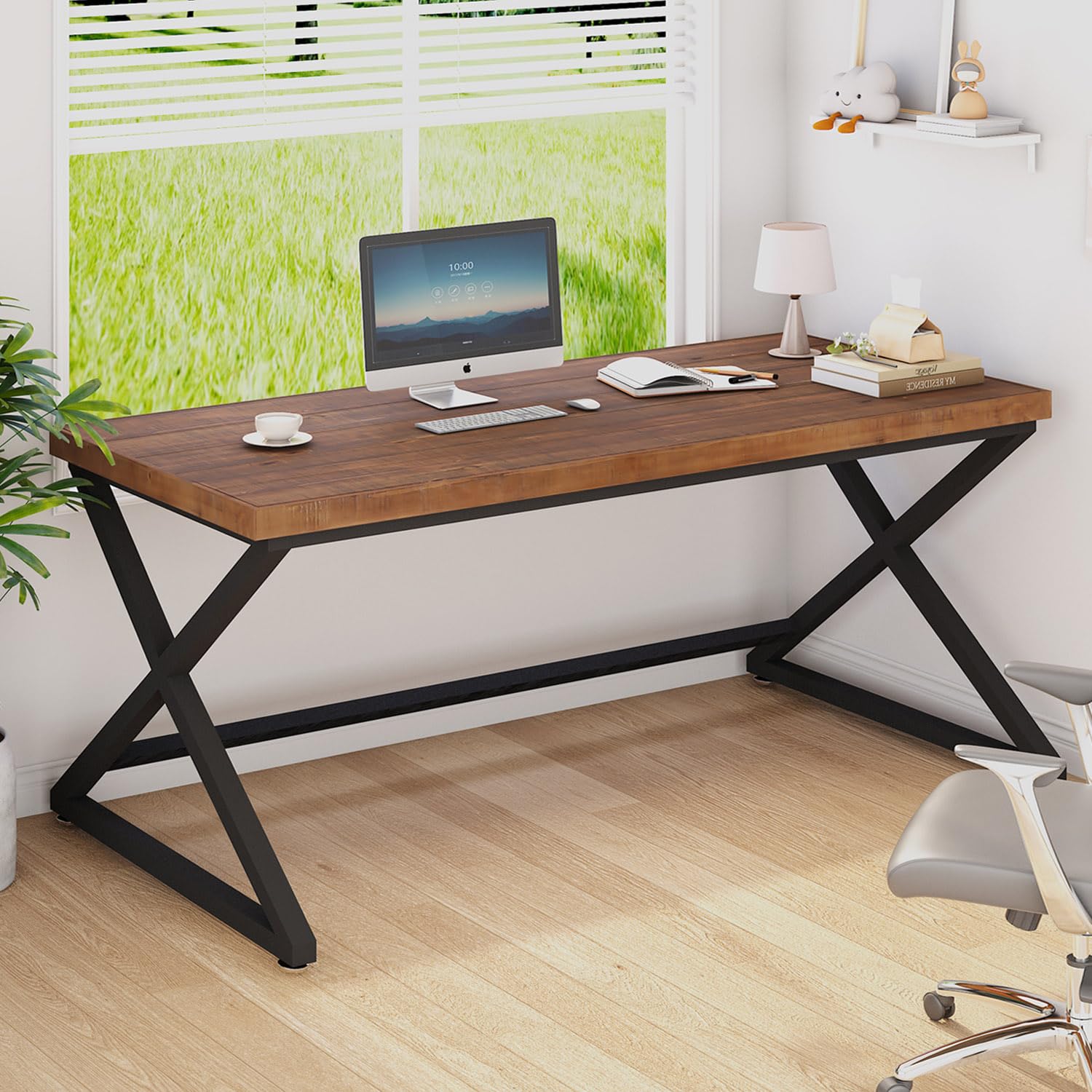 IBF Escritorio de madera maciza, 140 cm, mesa de ordenador con estructura de metal, rústico, para oficina, salón, dormitorio, estudio, marrón