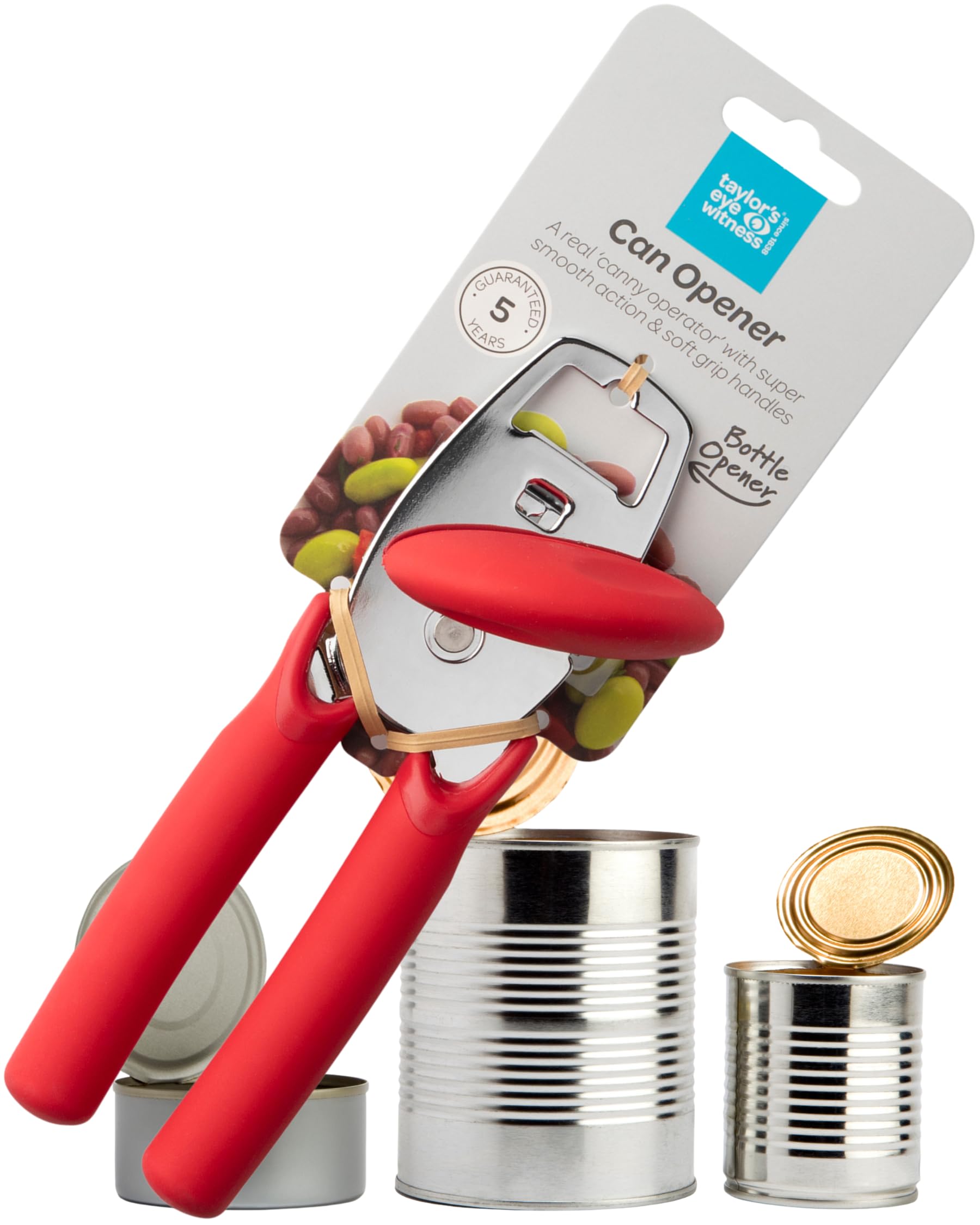 Superior Stainless Steel Can Opener - Durable, Easy to Use Kitchen Gadget. Smooth Cutting Wheels & Comfortable Soft Grip, Red Handles. Includes Bottle Lid Opener. Dishwasher Safe, 5 Year Guarantee.