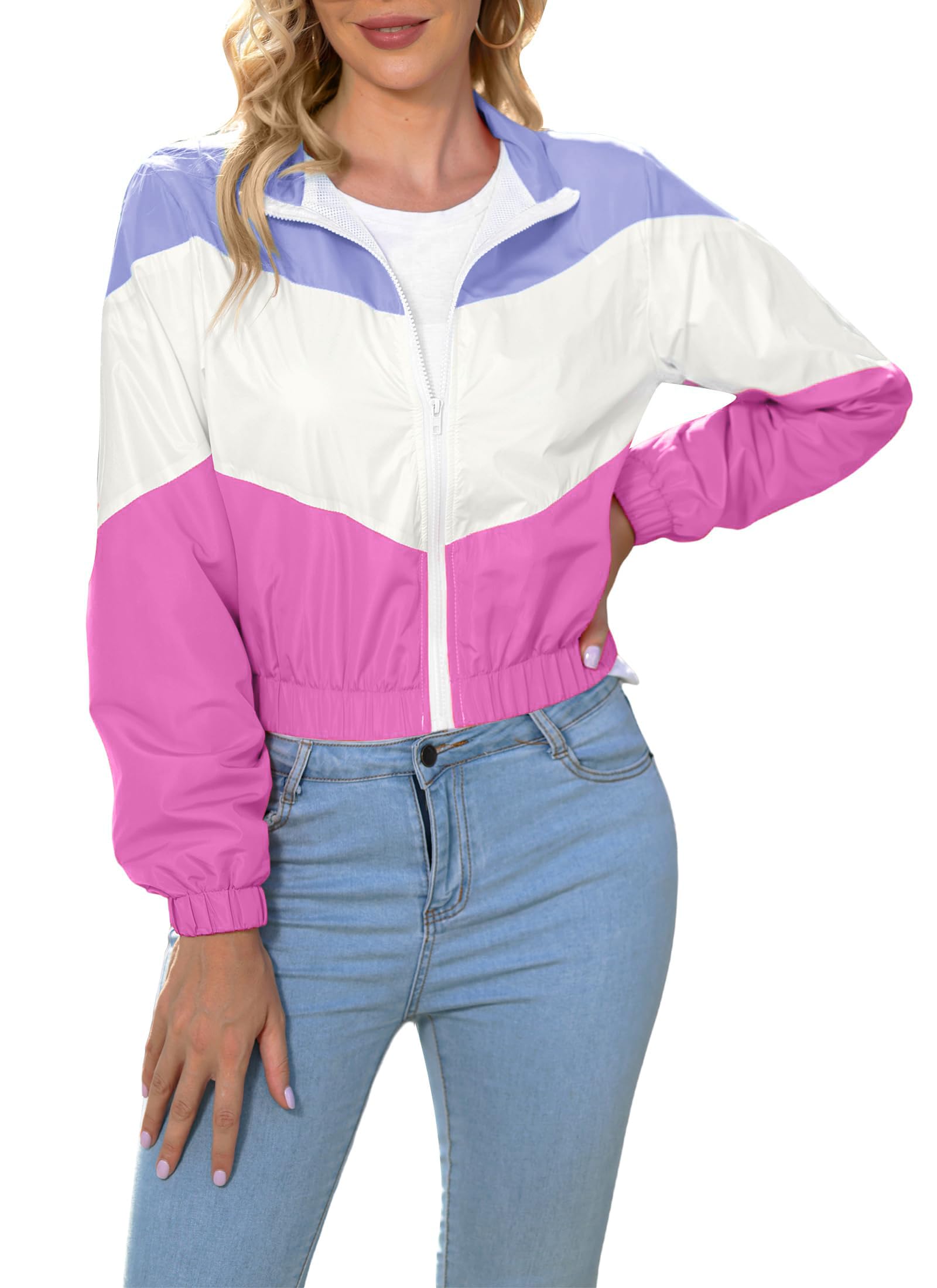 Chaqueta deportiva ligera cortavientos para mujer, con cremallera, bloque de color, casual, manga larga, para correr