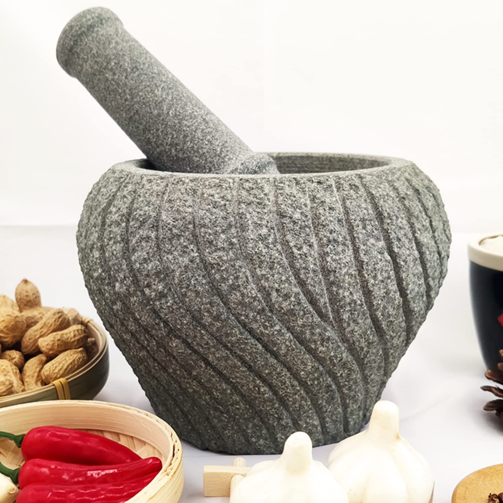 Knoblauchpresse Edelstahl Mörser- und Stößel-Set, unpolierter schwerer Granit, Mörser und Stößel, verbesserte Leistung und organisches Aussehen, Pillenbrecher, Gewürzmühle Knoblauchzerkleinerer(Groß)