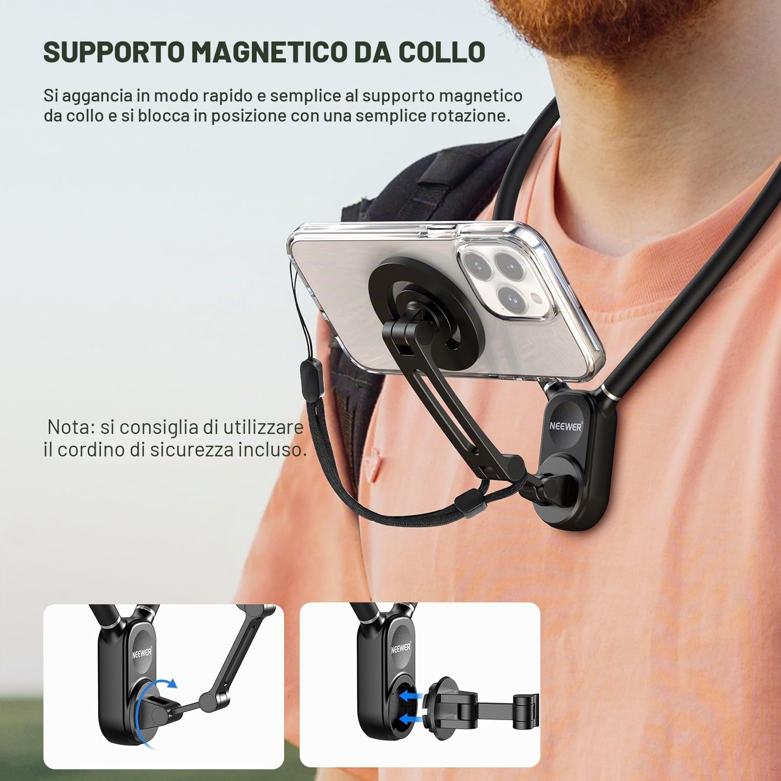 NEEWER Supporto Magnetico da Collo per Action Camera e Telefono, Treppiede da Collo Supporto da Petto Compatibile con GoPro DJI Insta360 iPhone 15 Android, Neck Phone Holder per POV Video Vlog, GP16